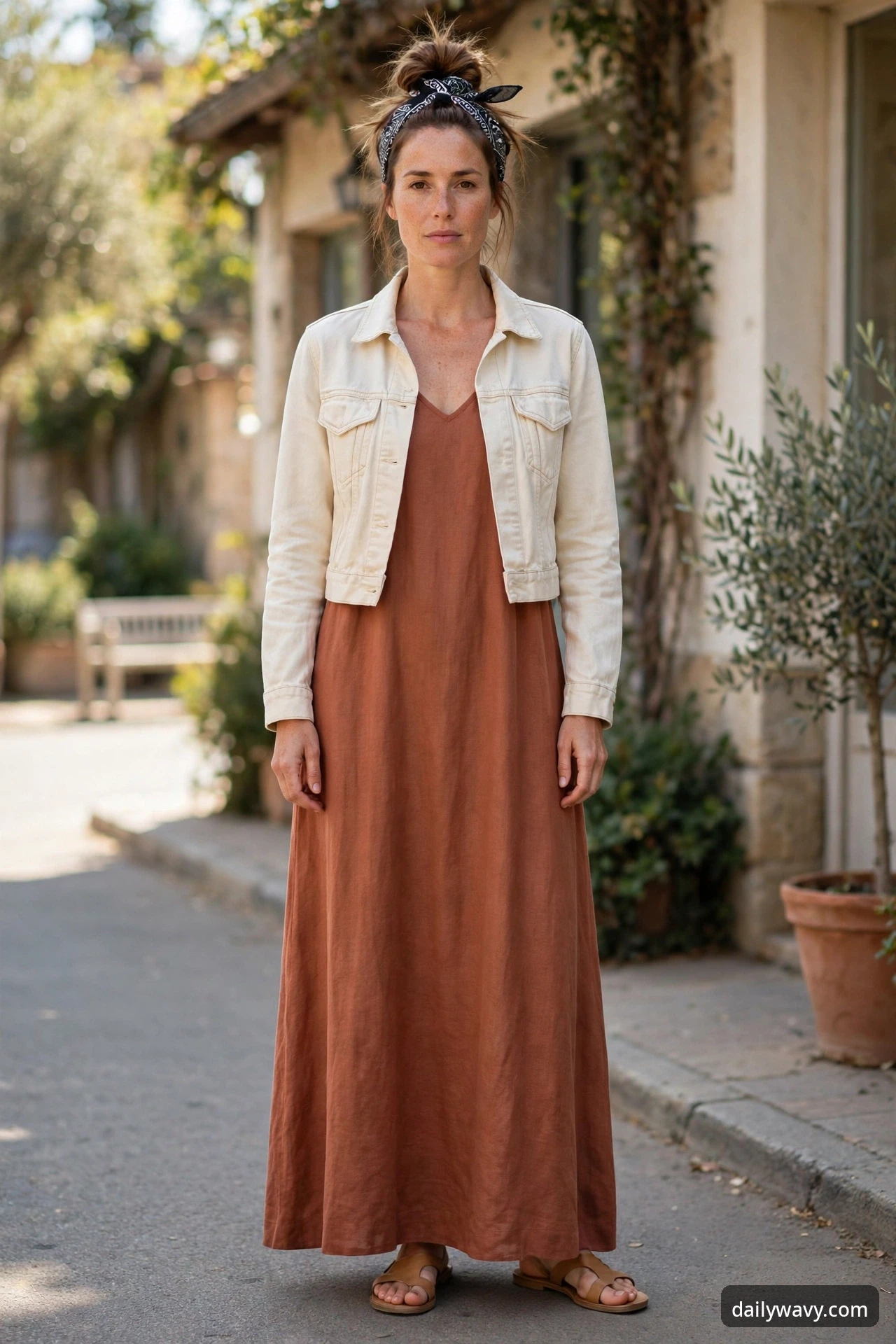 A woman standing on a sunny street wearing a rust maxi dress, an off-white denim jacket and tan sandals, with a black paisley bandana tied around her top bun.