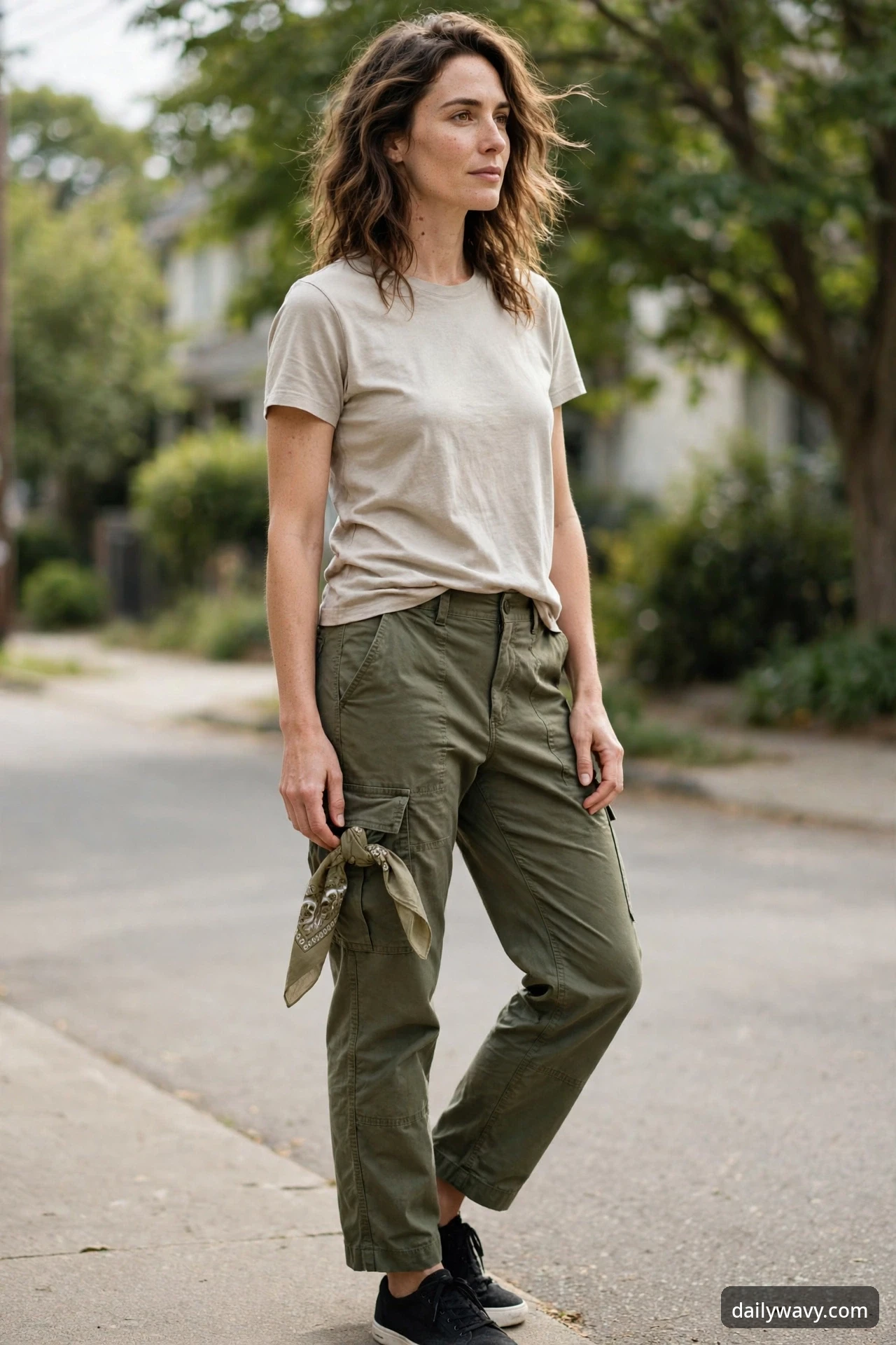 A woman standing on a street wearing a beige tee, olive cargo trousers and black sneakers, with an olive bandana tied to the cargo pocket.