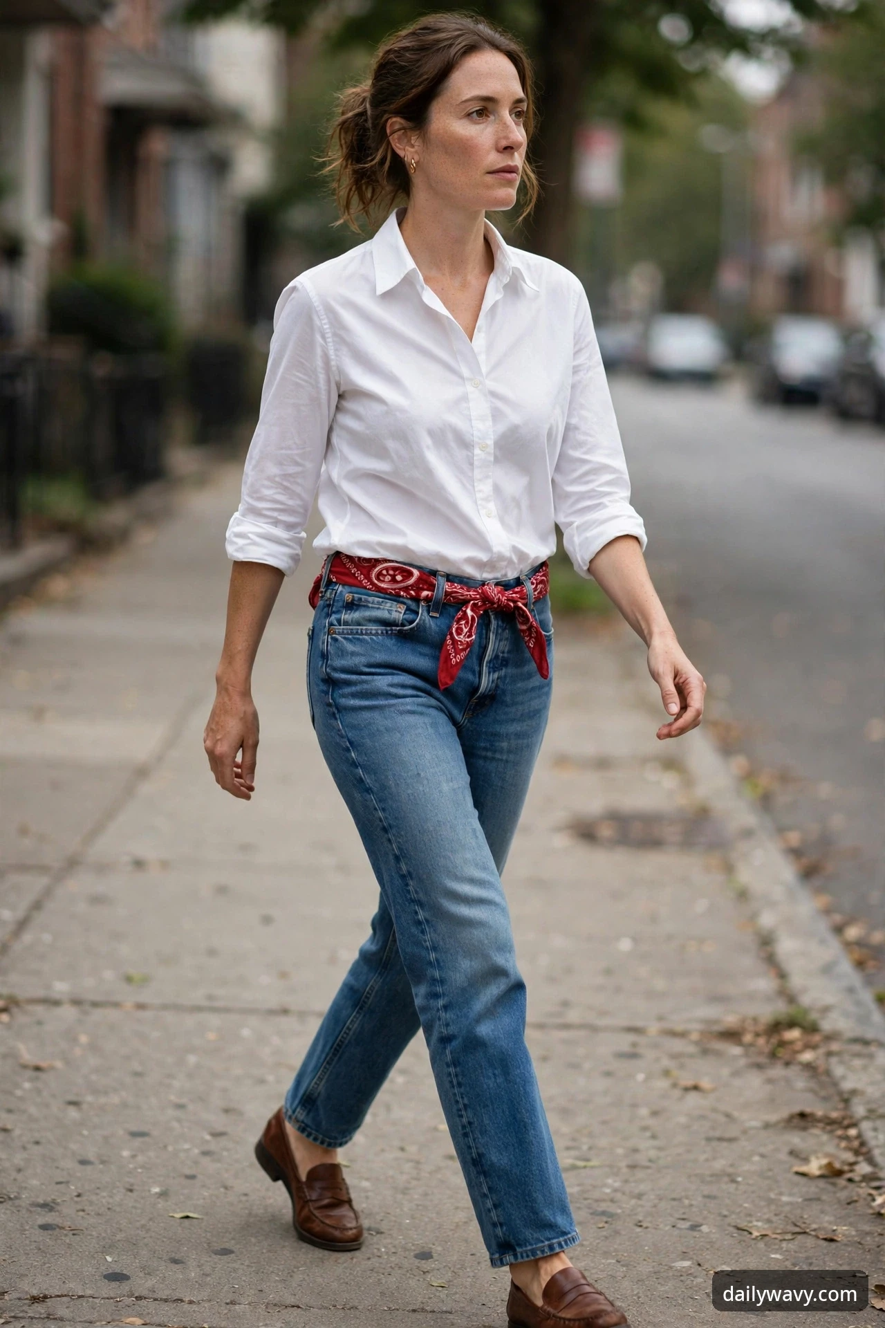 A woman walking on a sidewalk wearing a white button shirt, medium-wash straight jeans and brown loafers, with a red bandana threaded through the belt loops as a belt.