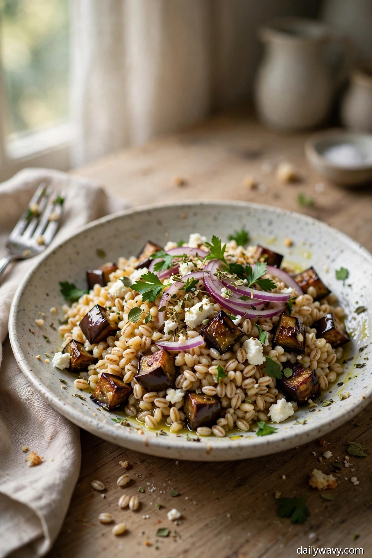 A shallow bowl holds barley salad mixed with roasted eggplant cubes, red onion rings, crumbled feta, and fresh parsley leaves