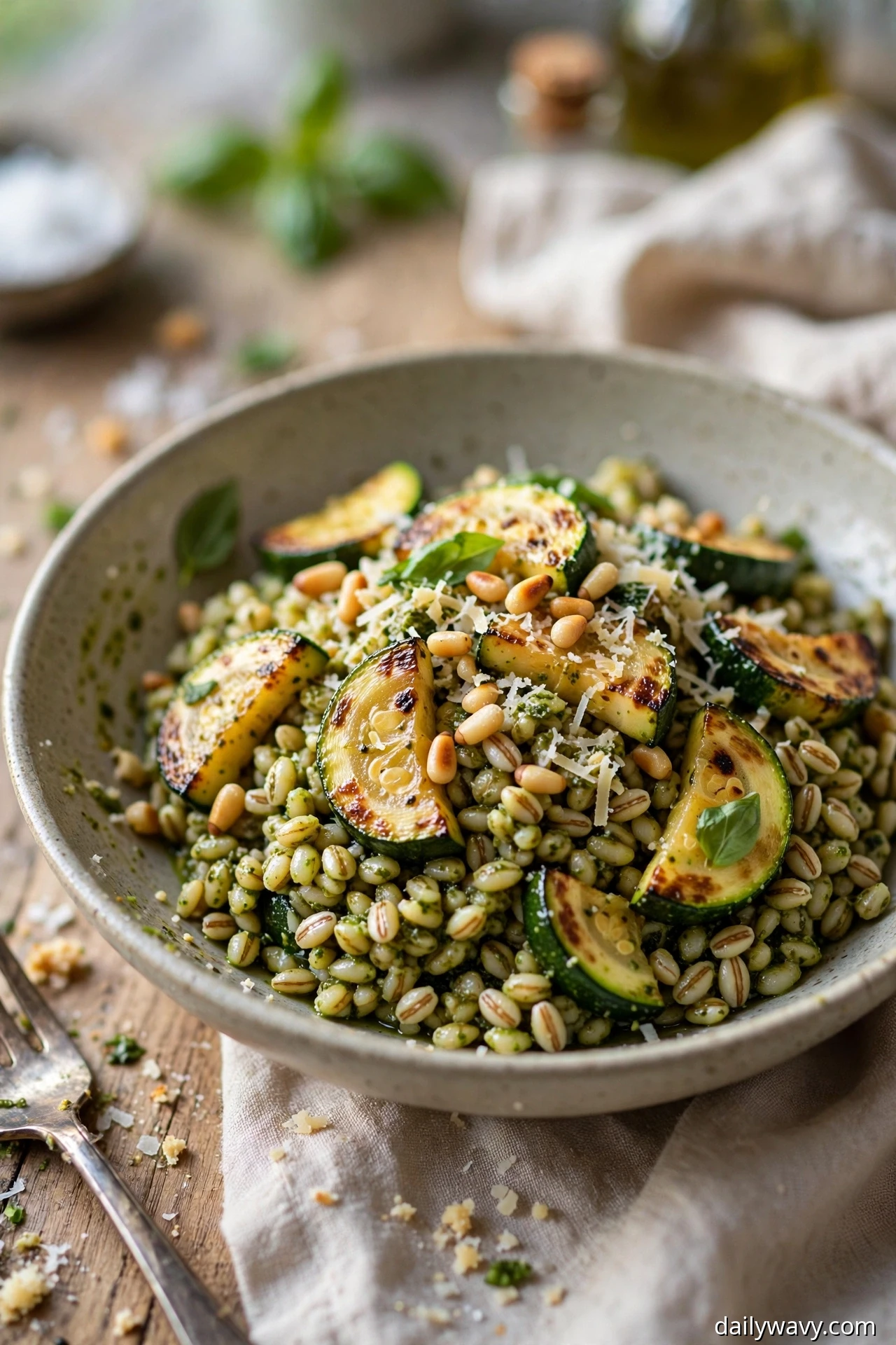 A bowl holds barley salad coated in basil pesto and topped with seared zucchini half-moons, toasted pine nuts, and grated Parmesan