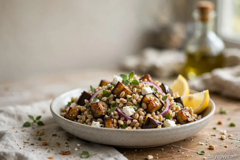 A shallow bowl holds barley salad tossed with glossy roasted eggplant cubes, red onion slices, crumbled feta, and fresh herb leaves