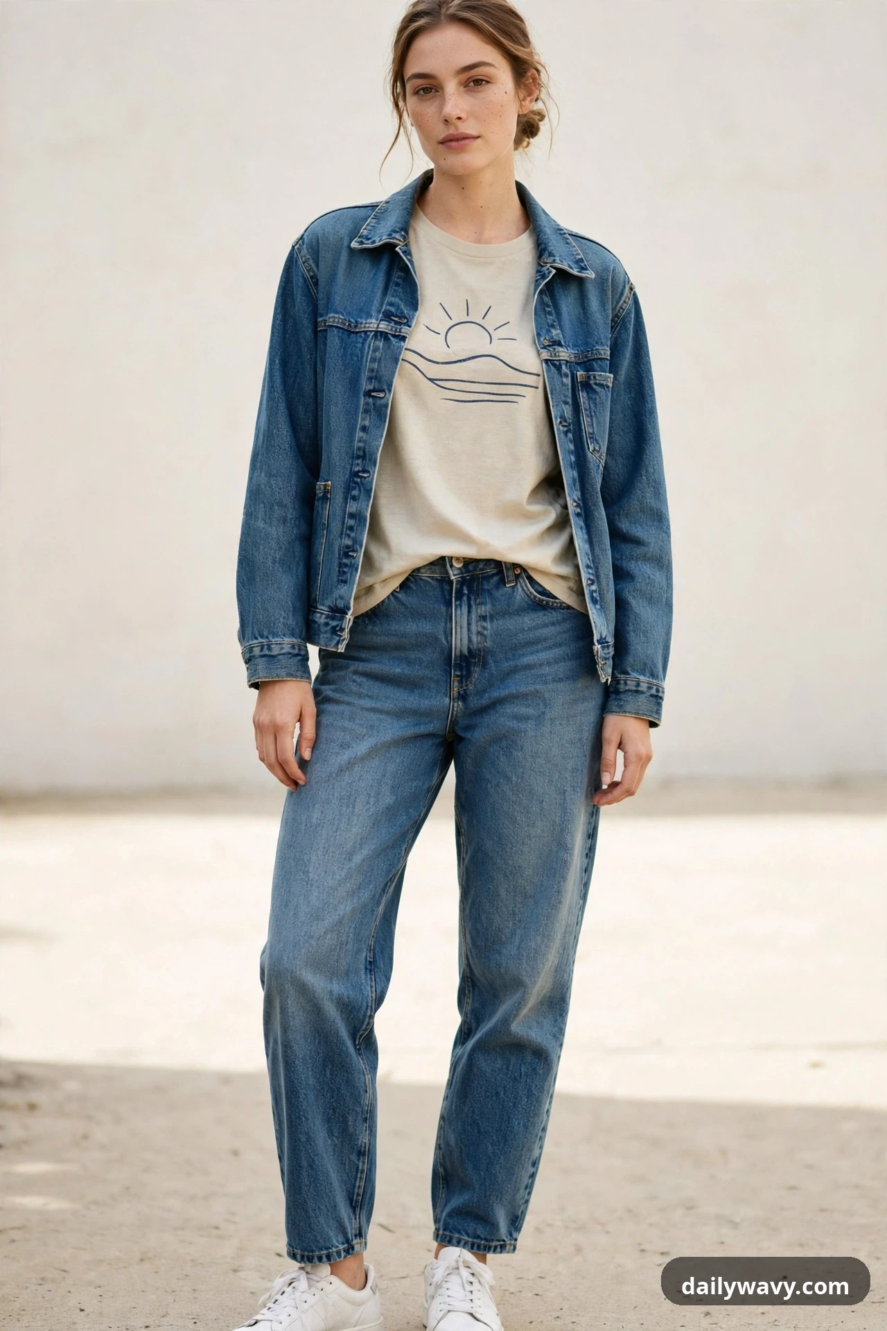 A closer full-length view shows a woman wearing medium-wash barrel jeans with a cream sun-print graphic tee under an open denim jacket and white sneakers against a plain outdoor wall.