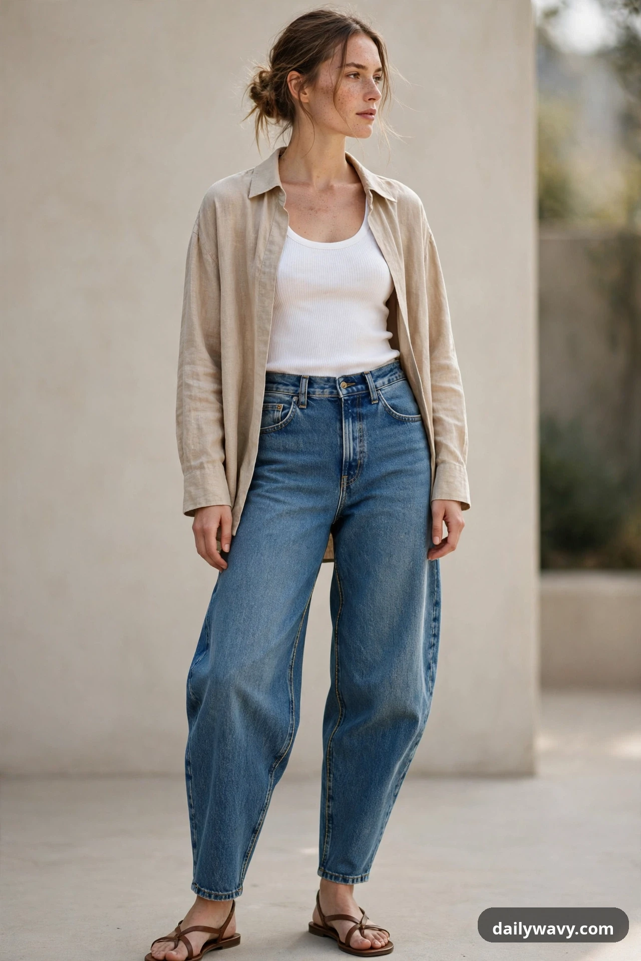A woman wears medium-wash barrel jeans with a white ribbed tank tucked in under an open beige linen overshirt and brown flat strappy sandals.