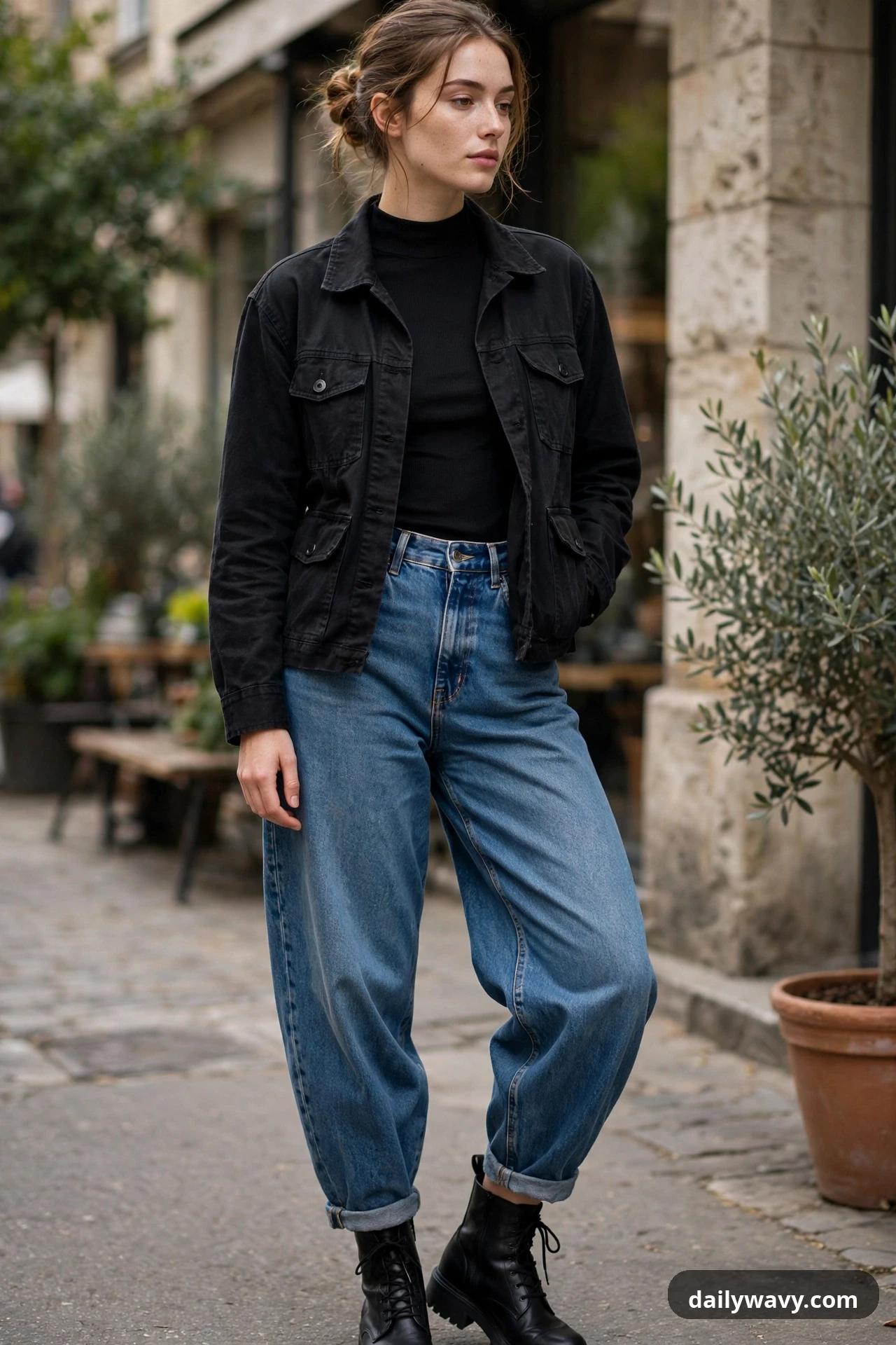 A woman stands on a cobbled street wearing a black mock-neck top under an open black cropped utility jacket, with medium-wash barrel jeans cuffed over black lace-up ankle boots.