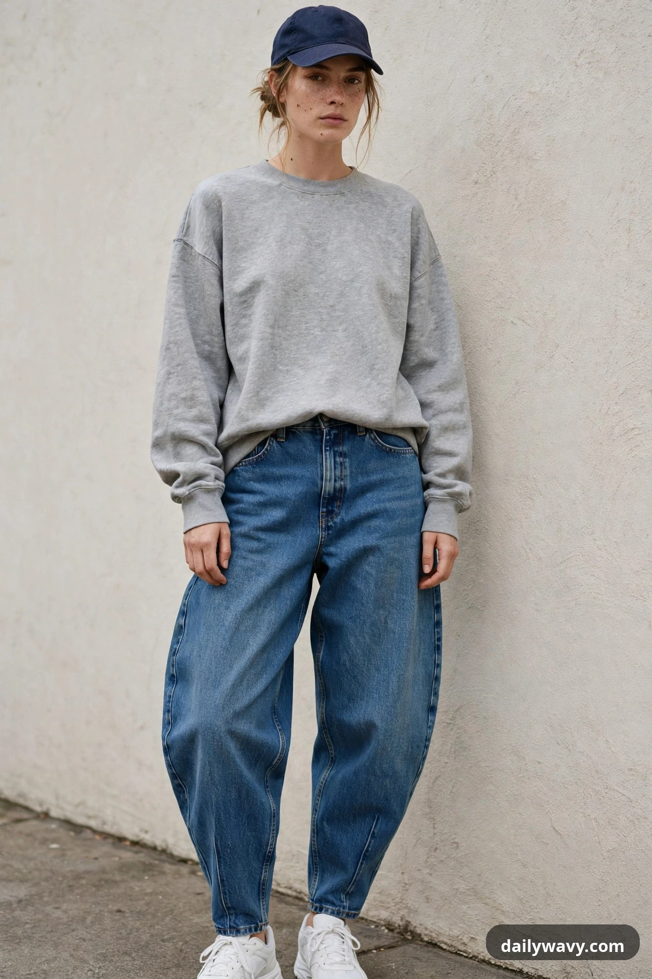 A woman leans against a plain wall wearing a heather-gray sweatshirt front-tucked into medium-wash barrel jeans, with a navy baseball cap and white trainers.