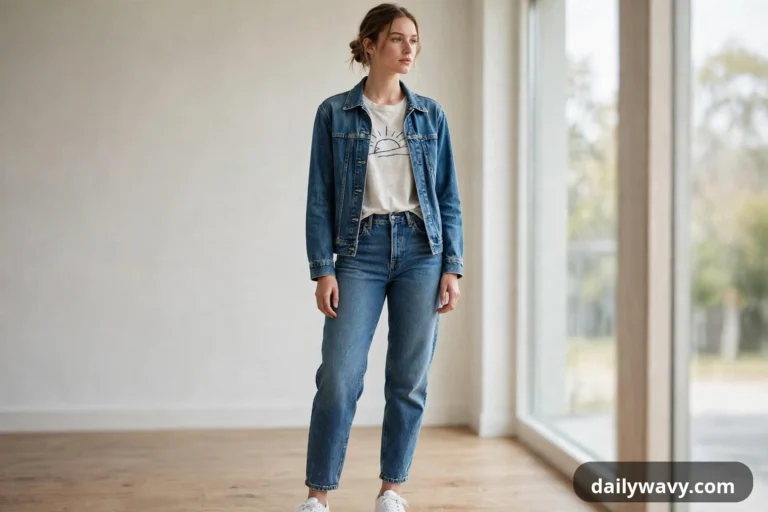 A wide full-length view shows a woman wearing medium-wash barrel jeans with a cream sun-print graphic tee under an open denim jacket and white sneakers beside tall windows in a bright room.