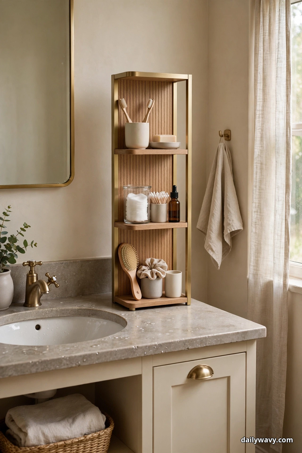 A tall narrow three-shelf wood and brass stand on a bathroom countertop holds a toothbrush cup and a soap dish on the top shelf, a jar of cotton pads, cotton swabs and a dropper bottle in the middle, and a hairbrush and two cups below, beside a sink with a brass faucet
