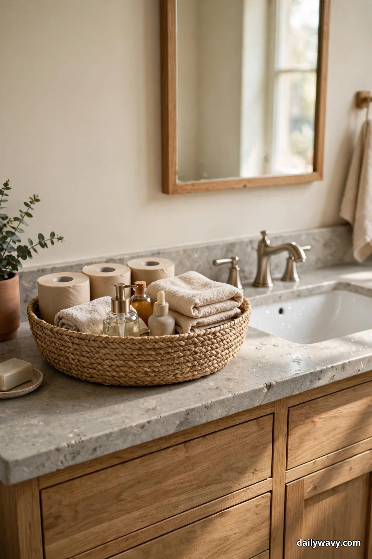 A low wide woven basket on a bathroom countertop holds three spare toilet paper rolls, folded beige towels and refill bottles beside a sink with a brushed nickel faucet beneath a wood-framed mirror