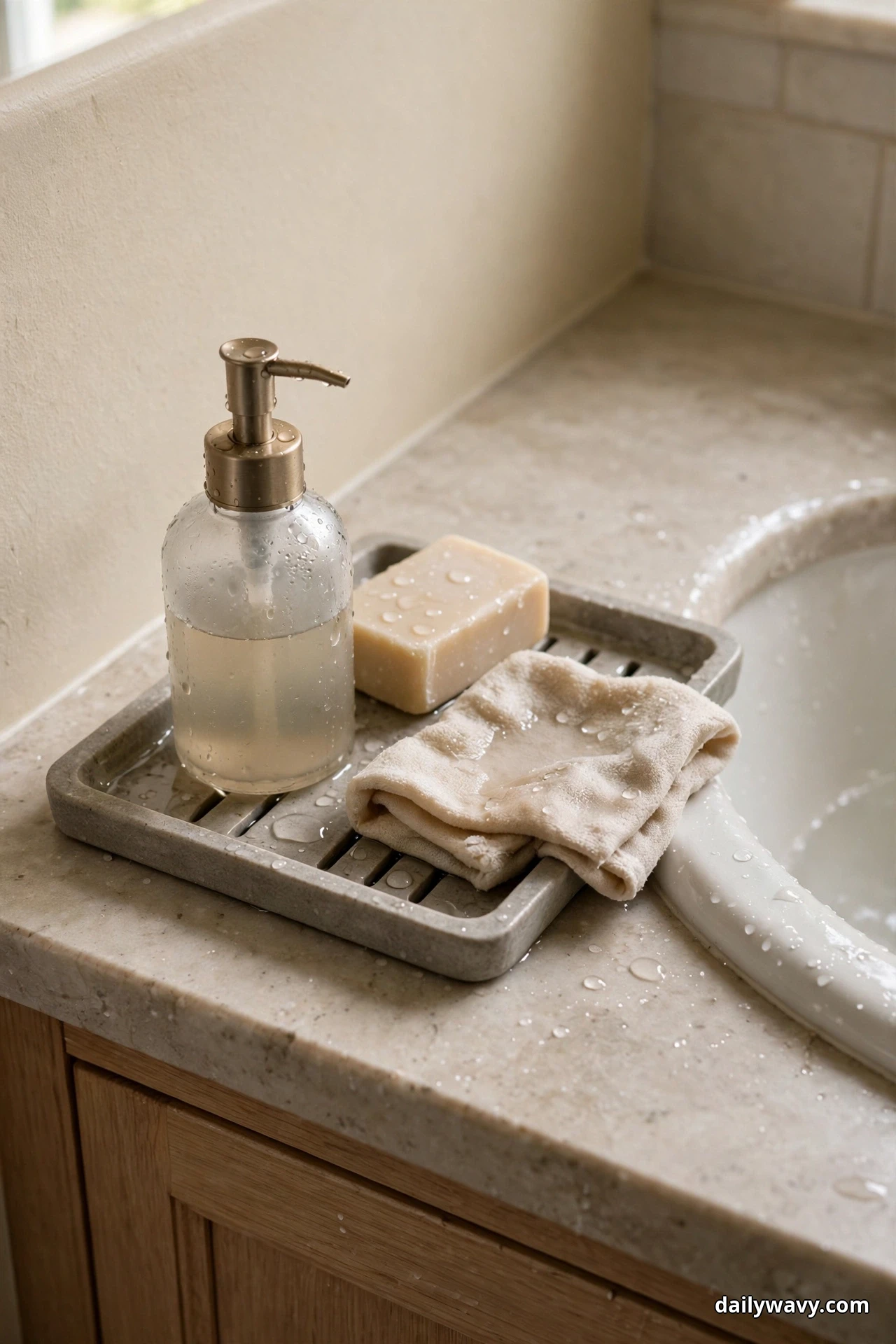A gray slatted drainage tray beside a bathroom sink holds a glass soap dispenser with a brass pump, a bar of soap and a folded beige cloth, with water droplets scattered across the stone countertop