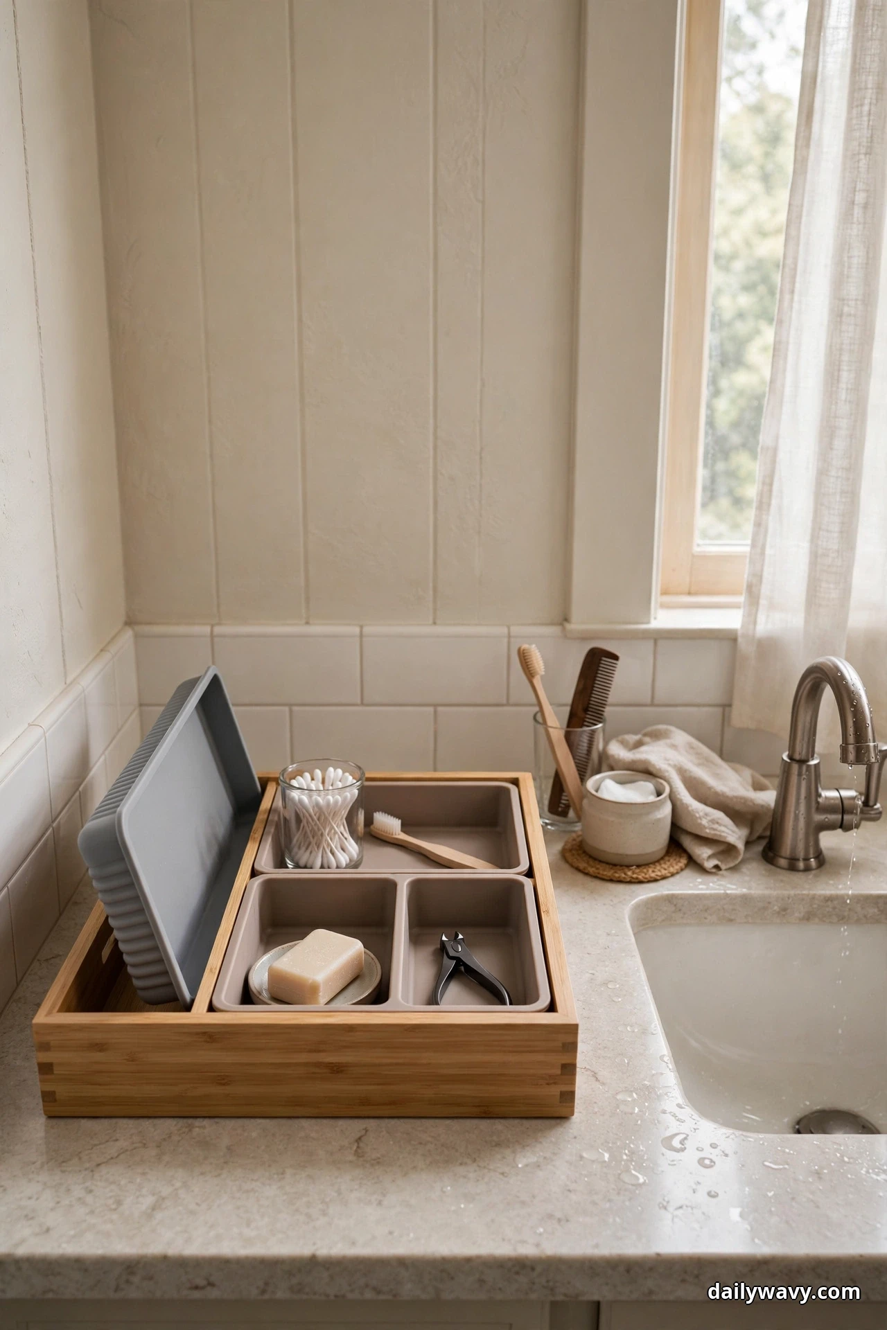 A bamboo tray on a bathroom countertop holds removable gray inserts filled with cotton swabs, a toothbrush, a bar of soap and nail clippers, with one gray insert leaning against the tray at the left, beside a sink with a stainless faucet
