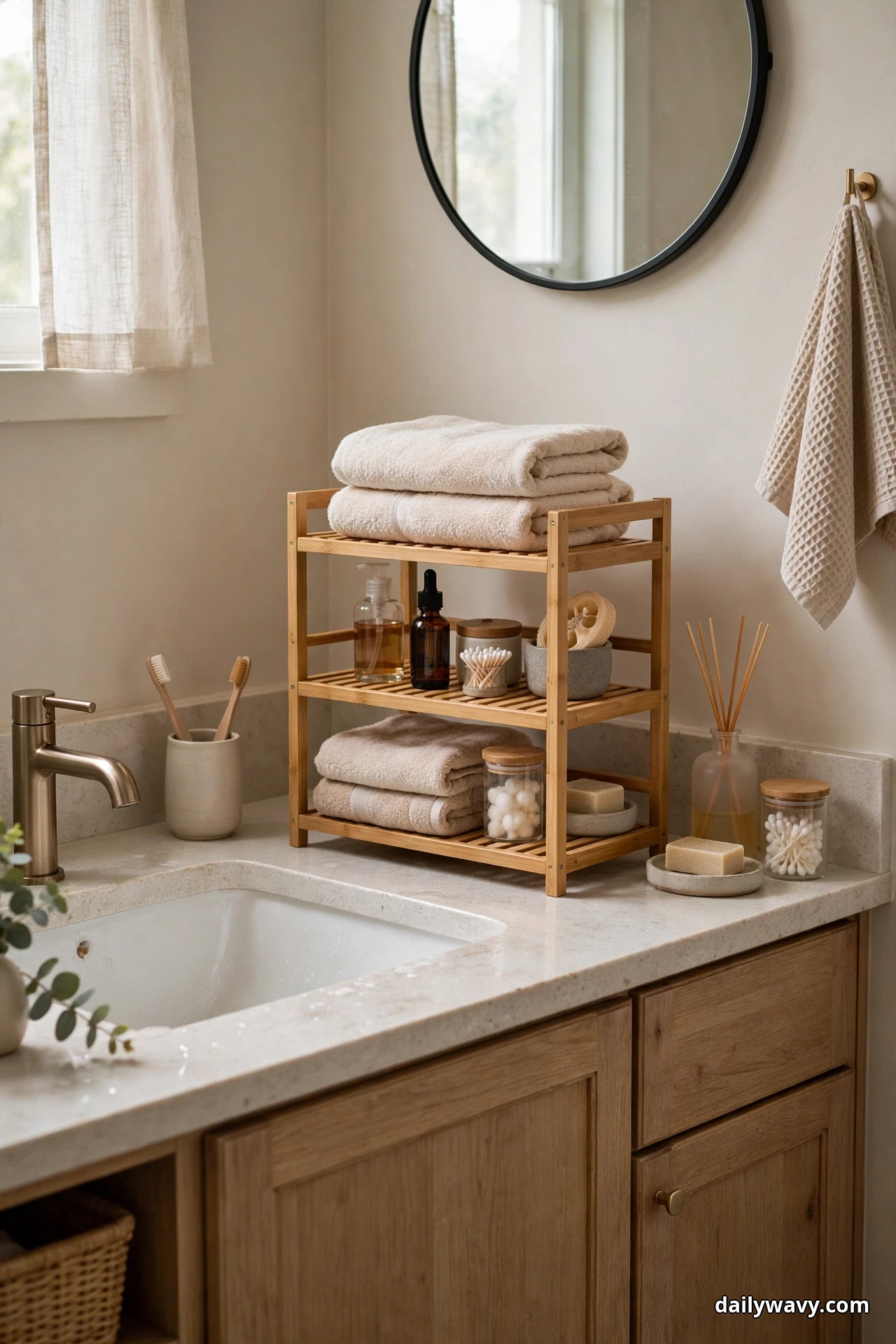 A three-tier bamboo rack on a bathroom countertop holds folded beige towels on the top shelf, pump and dropper bottles with cotton swabs and a loofah in the middle, and more folded towels with a jar of cotton balls below, beside a sink beneath a round black-framed mirror