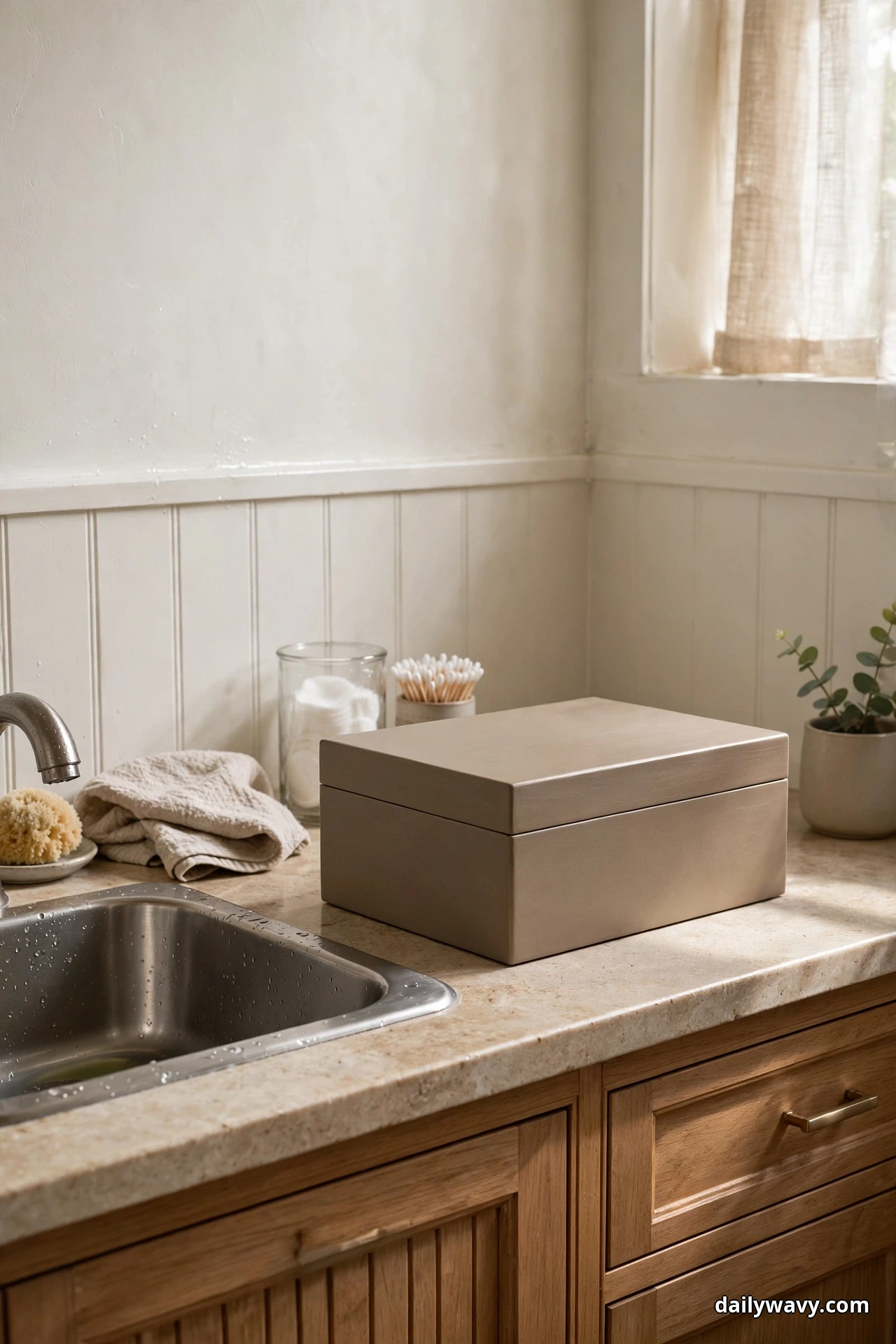 A closed taupe lidded box sits on a bathroom countertop beside a stainless steel sink, with a glass jar of cotton pads, a small cup of cotton swabs, a folded towel and a small potted plant arranged behind it