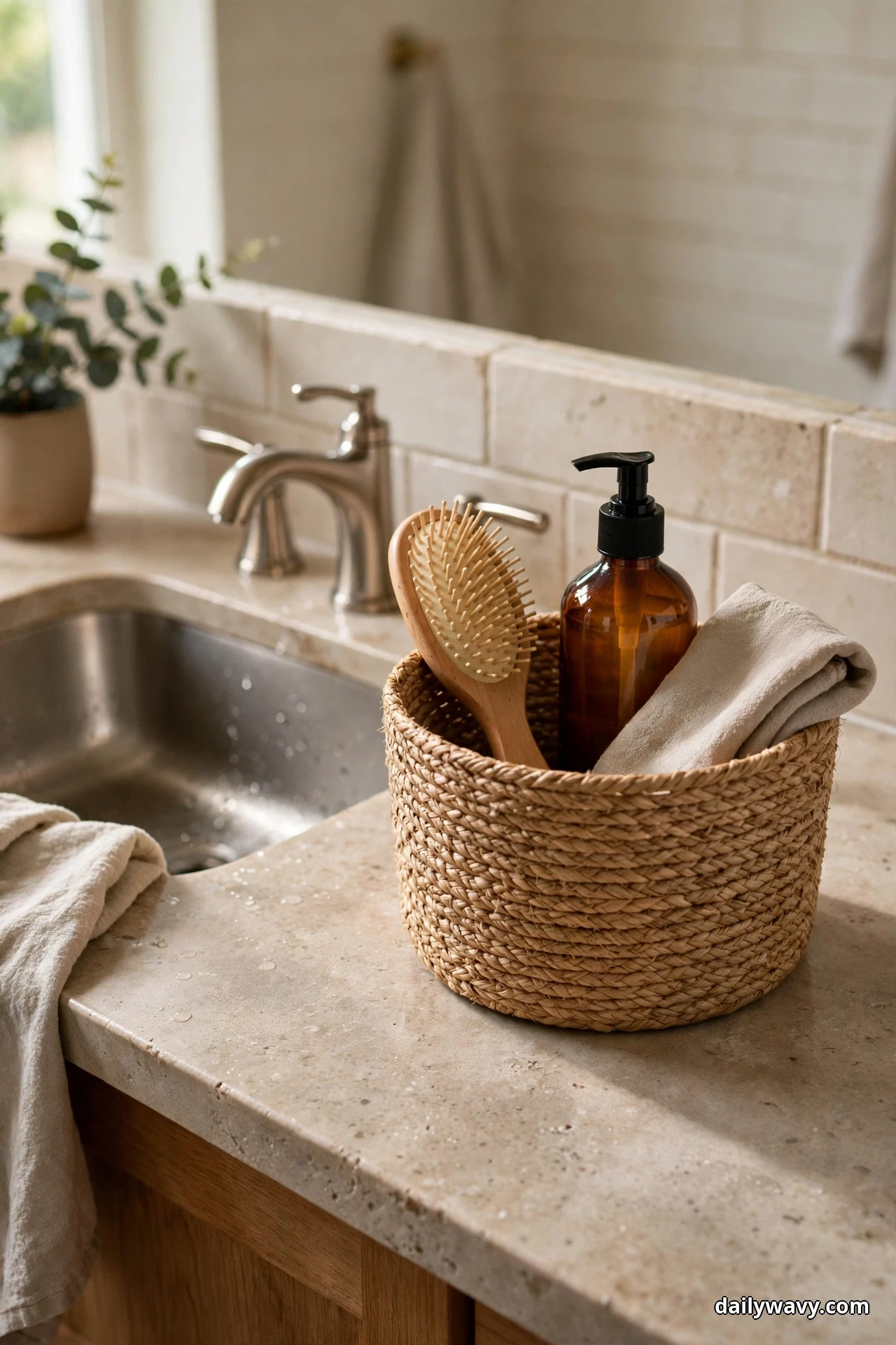 A round woven basket on a bathroom countertop holds a wooden hairbrush, an amber pump bottle and a folded beige cloth beside a stainless steel sink with a brushed nickel faucet