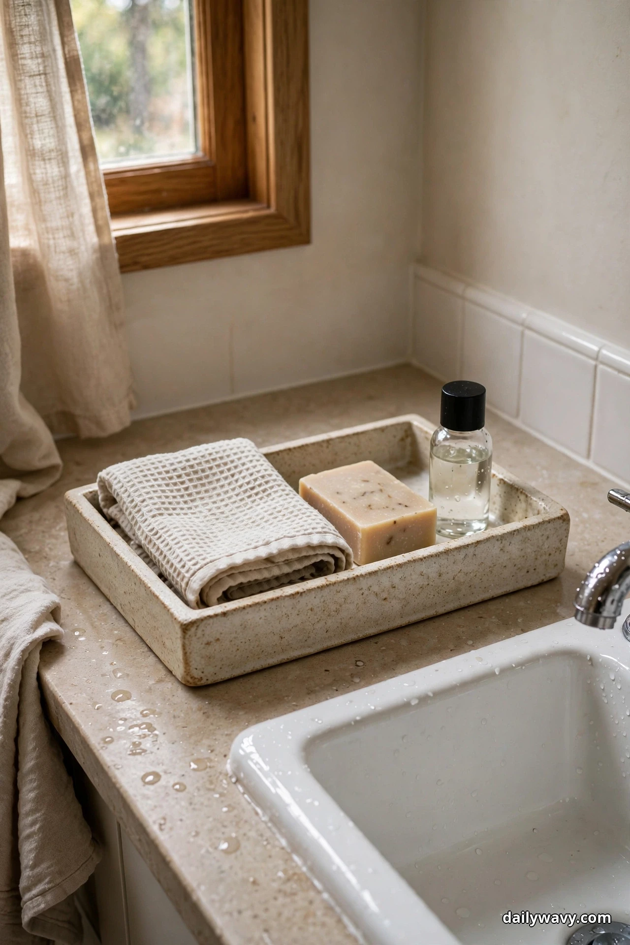 A speckled stone tray on a bathroom countertop beside a white sink holds a folded waffle-weave towel, a bar of soap and a small clear bottle, beneath a wood-framed window with a linen curtain