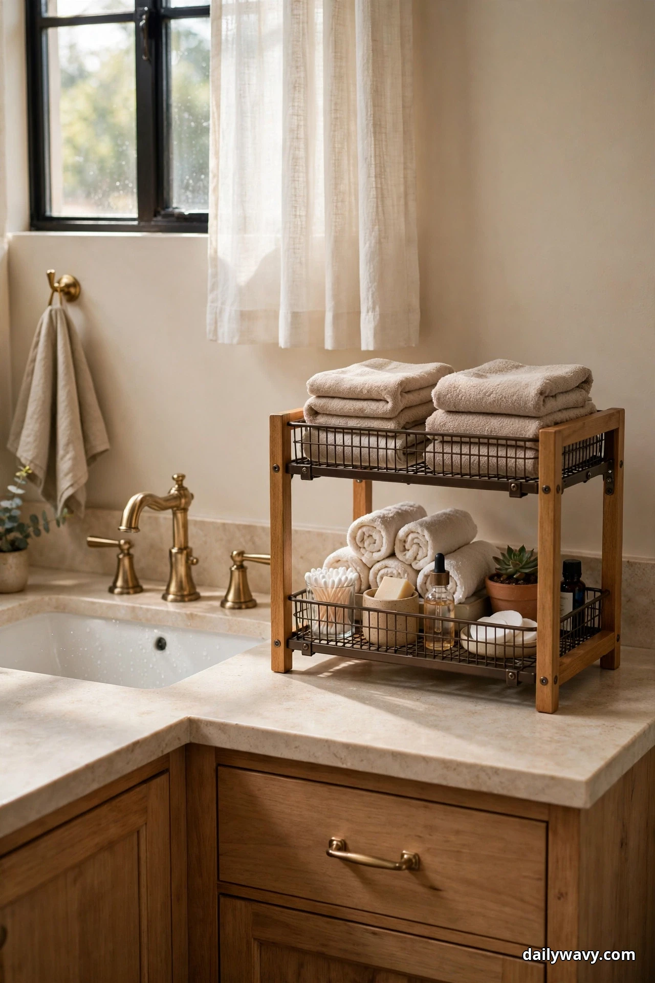 A two-tier freestanding unit with a wood frame and black wire shelves stands on a bathroom countertop holding folded towels on top and rolled towels, cotton swabs, a bar of soap, a dropper bottle and a small succulent below, beside a sink with a brass faucet