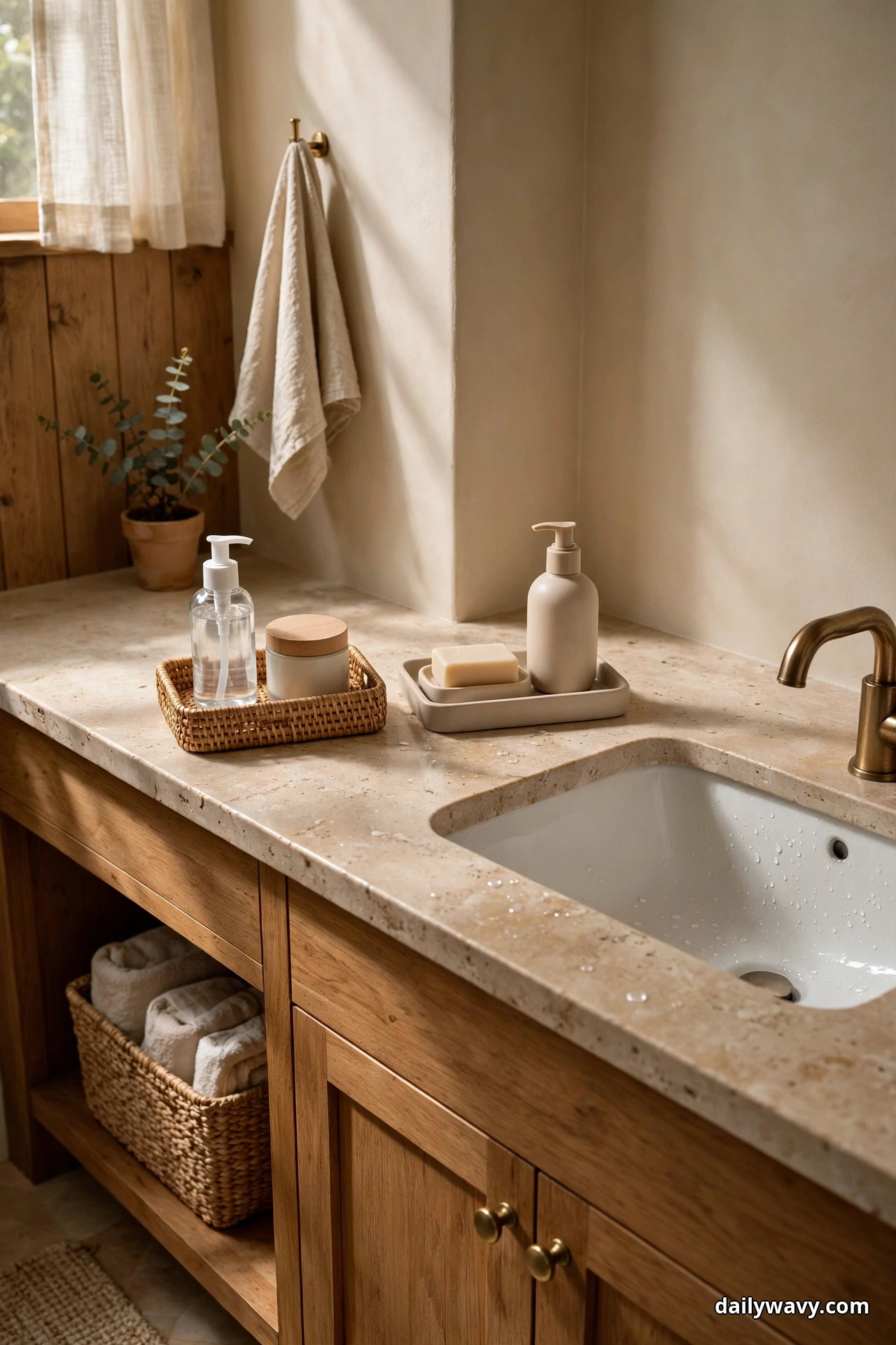 Two grouped clusters sit on a long bathroom countertop, a woven tray holding a clear pump bottle and a lidded jar at the left and a ceramic tray with a bar of soap and a beige pump bottle beside the sink at the right, with a woven basket of towels on the open shelf below