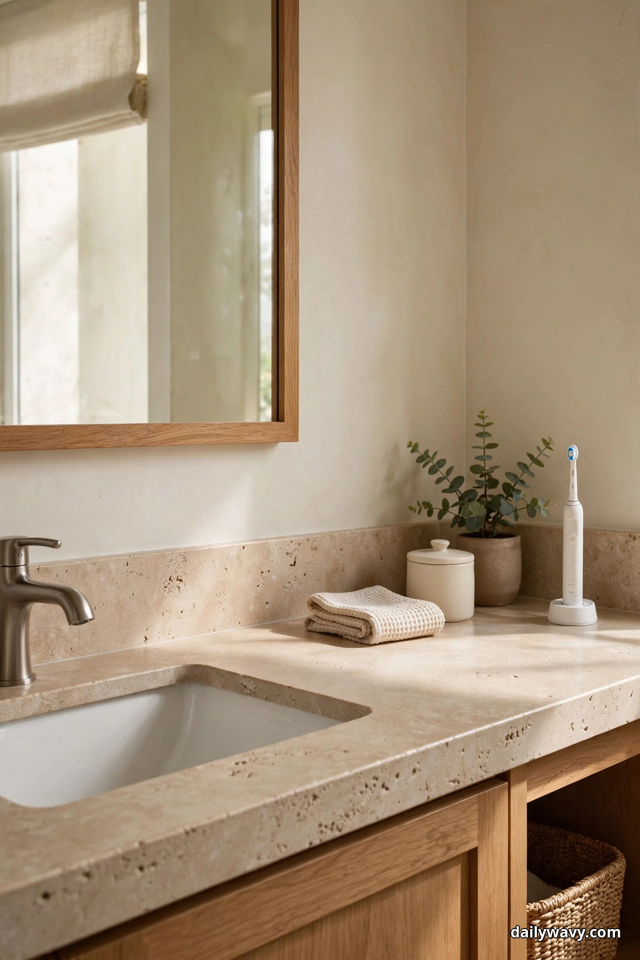 A tidy bathroom counter corner holds an electric toothbrush standing on its charging base with no visible cords, beside a folded waffle towel, a lidded ceramic jar and a small potted eucalyptus beneath a wood-framed mirror