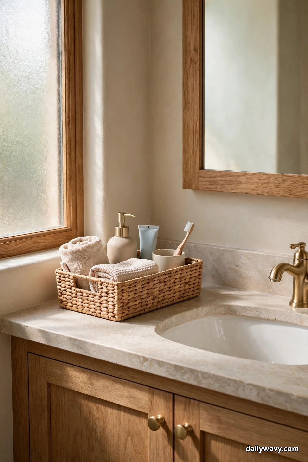 A long narrow woven basket on a bathroom countertop beside a sink with a brass faucet holds a rolled towel, a folded waffle cloth, a pump bottle, a tube and a toothbrush standing in a cup, beneath a wood-framed mirror next to a frosted window