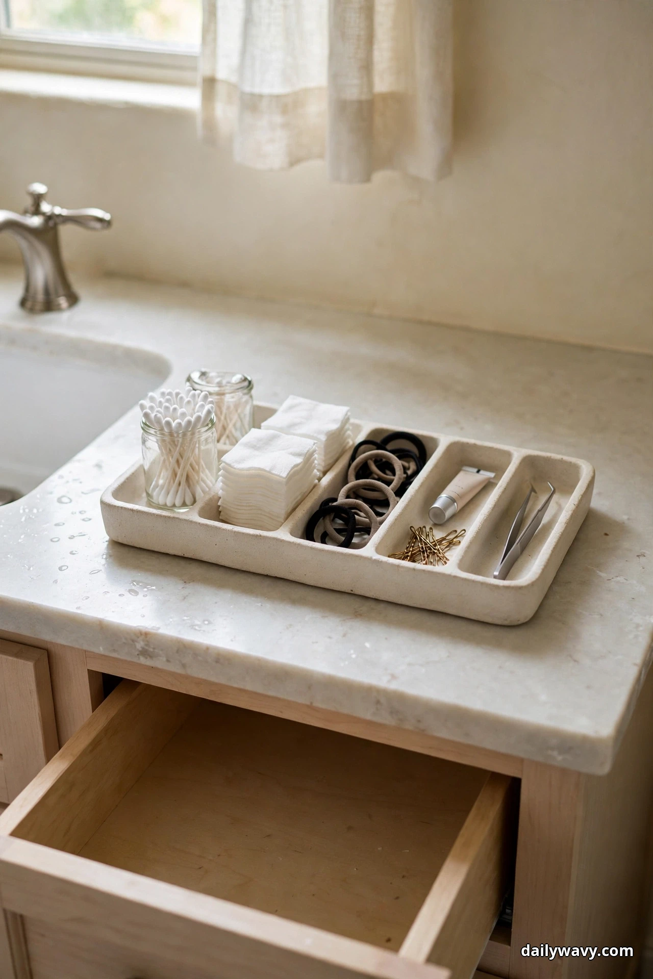 An open divided tray on a bathroom countertop separates two glass jars of cotton swabs, stacks of cotton pads, hair ties, bobby pins and tweezers into their own compartments, above an open empty vanity drawer