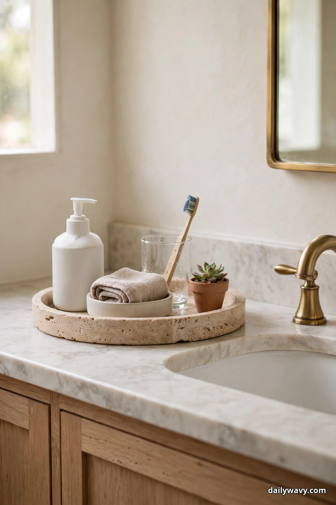 A round travertine tray on a bathroom countertop beside a sink with a brass faucet holds a white pump bottle, a rolled beige towel in a small dish, a toothbrush in a drinking glass and a small potted succulent