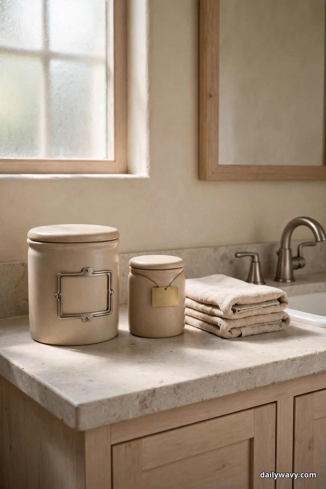 Two beige ceramic lidded canisters with blank label holders, a metal frame on the larger canister and a brass tag on the smaller, sit on a bathroom countertop beside a stack of folded beige towels and a sink with a brushed nickel faucet
