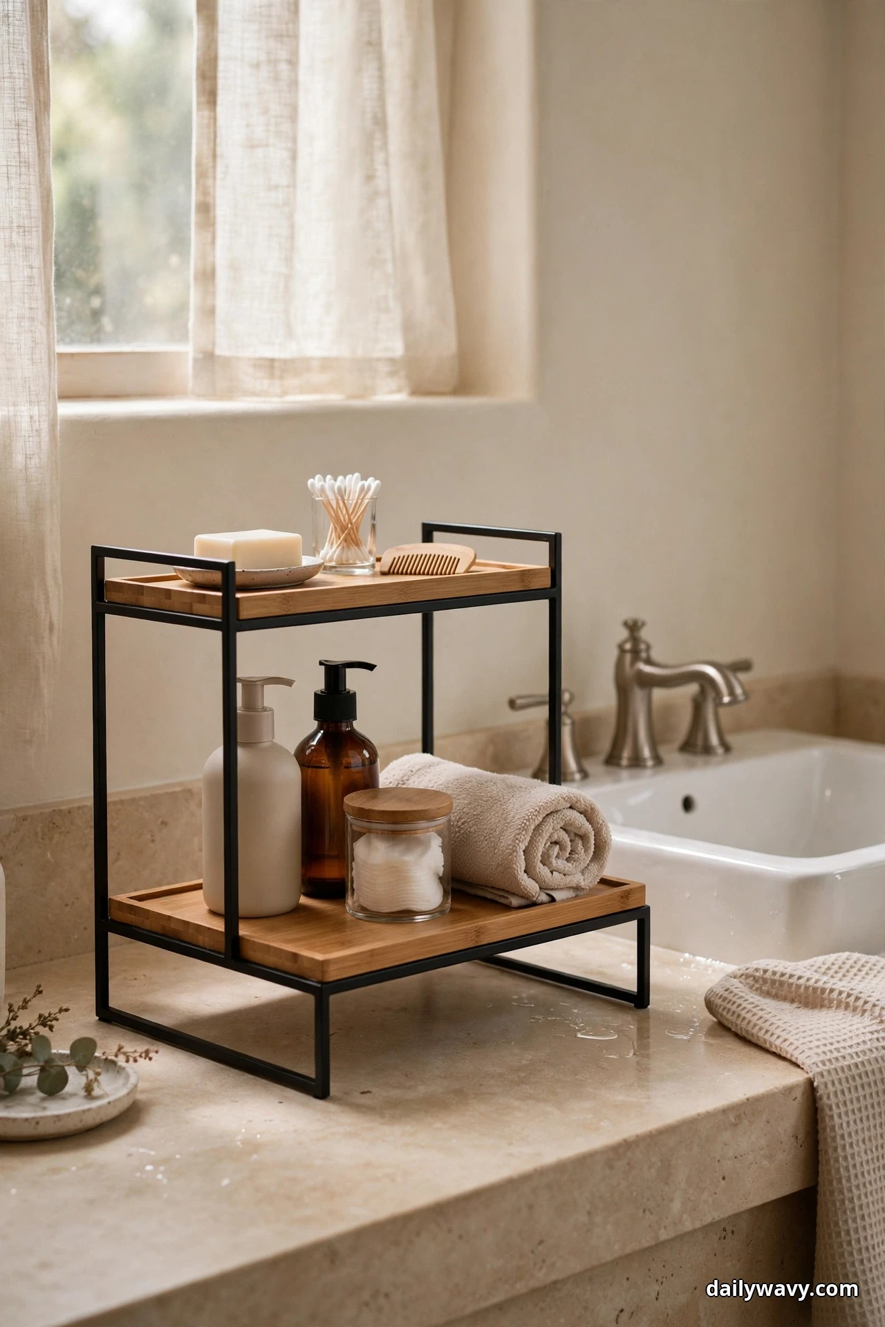 A black metal and wood shelf riser on a bathroom countertop creates two levels beside a sink with a brushed nickel faucet, holding pump bottles, a jar of cotton pads and a rolled towel on the lower level and a soap dish, cotton swabs and a wooden comb on top