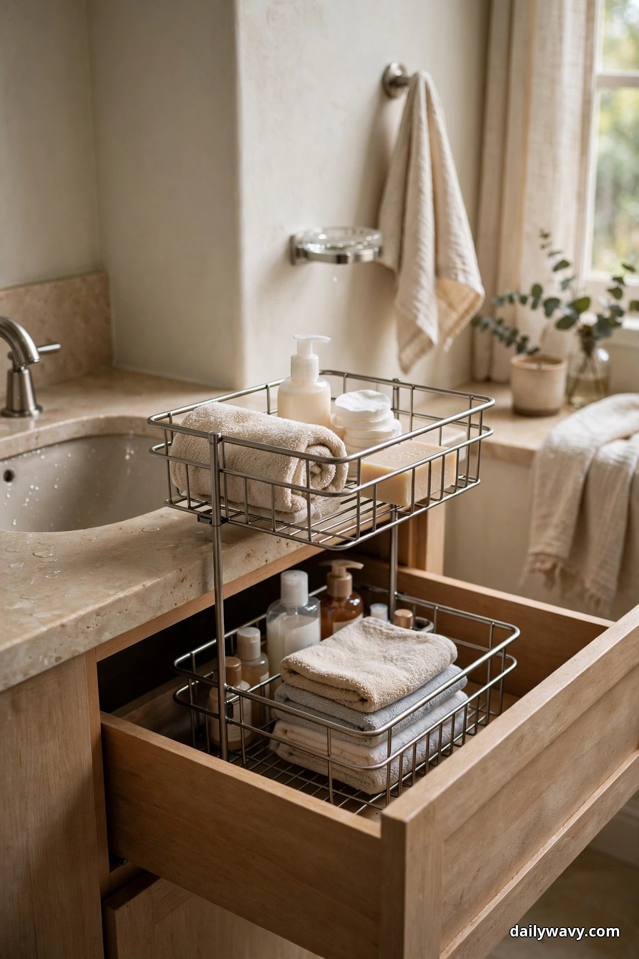 A two-tier sliding wire basket organizer pulls out from a bathroom vanity, its top basket holding a rolled towel, a pump bottle, cotton pads and a bar of soap at the counter edge and its lower basket holding bottles and folded towels inside the open drawer