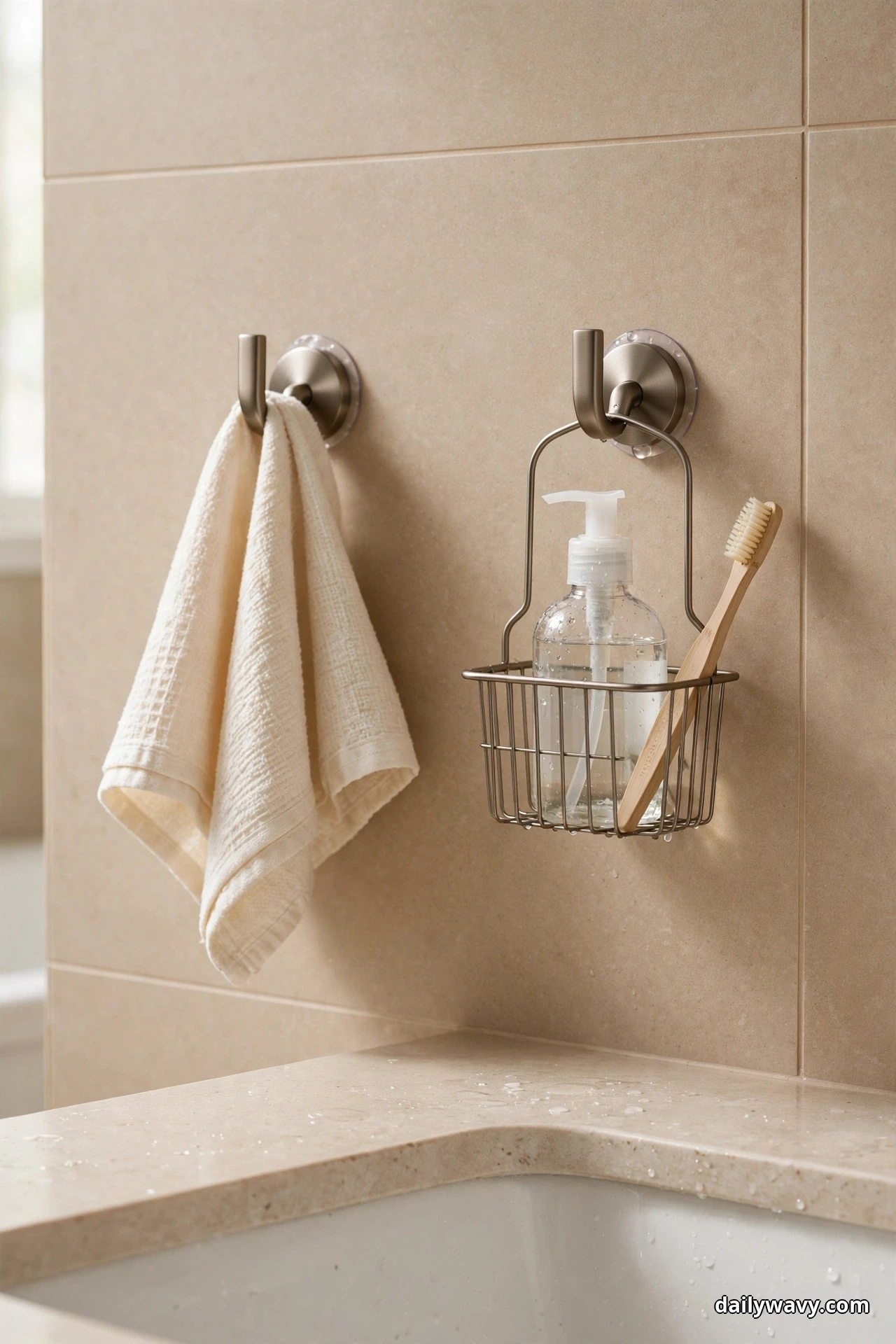 Two brushed nickel suction hooks on a beige tiled bathroom wall hold a cream washcloth and a small hanging wire basket containing a clear pump bottle and a wooden toothbrush, above a stone countertop