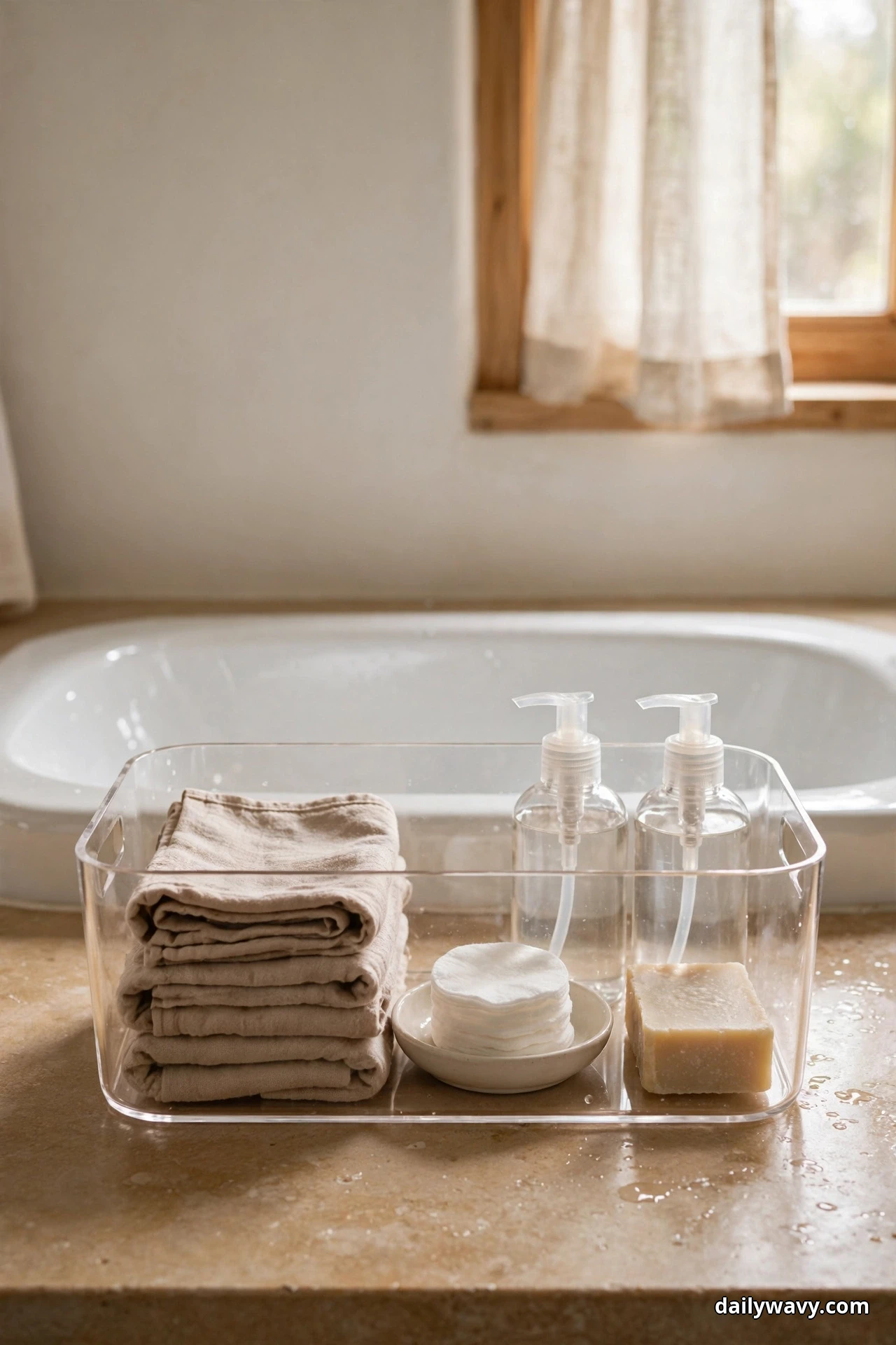 A clear acrylic bin on a bathroom countertop in front of a white bathtub holds folded beige cloths, a small dish of cotton pads, a bar of soap and two clear pump bottles, all visible through the transparent sides