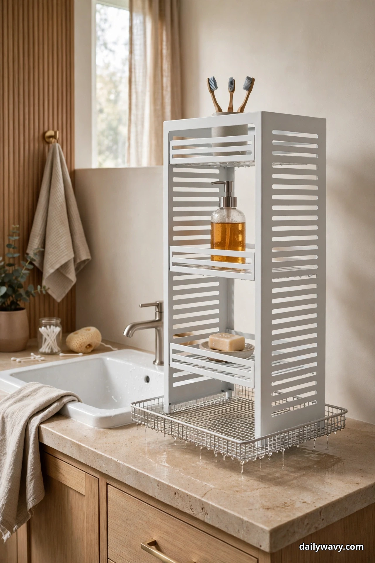 A tall white slatted standing organizer with an open mesh drainage base stands on a bathroom countertop beside a sink, holding a pump soap dispenser and a bar of soap on its shelves with three wooden toothbrushes standing in a cup on top