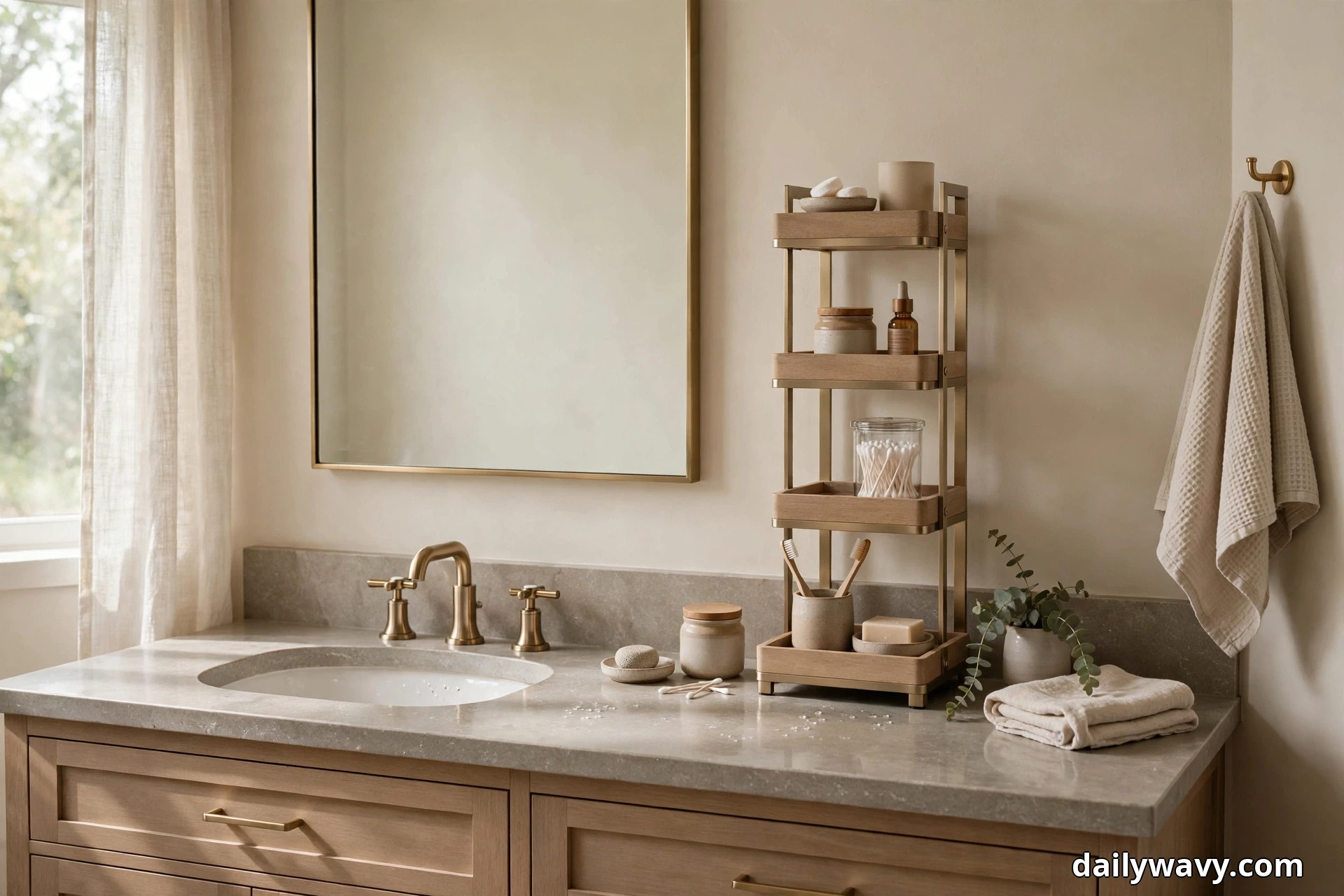 A wide view shows a bathroom vanity with a stone countertop and a brass faucet beneath a large brass-framed mirror, with a tall four-tier wood and brass stand holding jars, a dropper bottle, cotton swabs and toothbrushes at the right, a folded towel and a small potted eucalyptus beside it