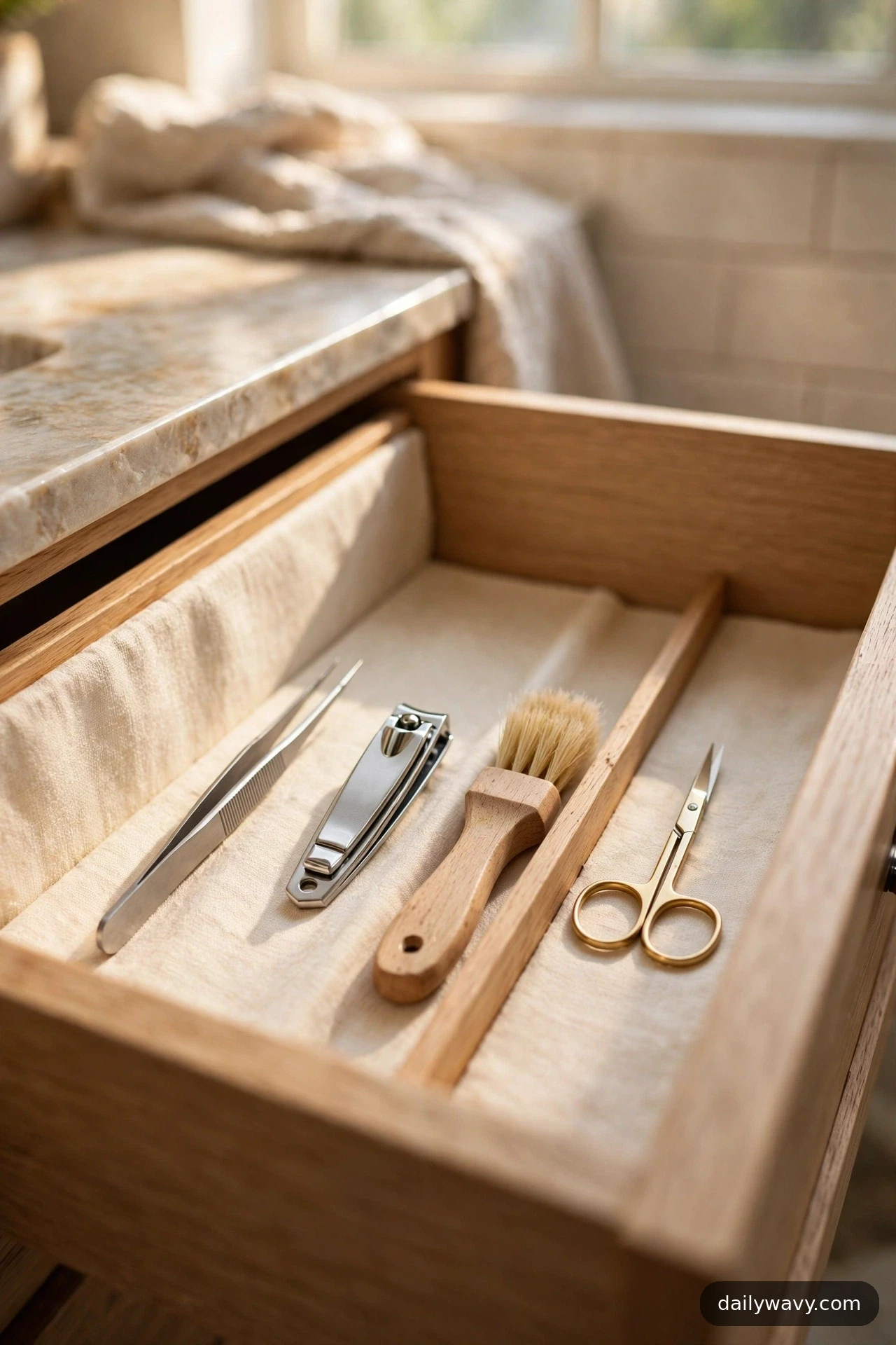 A closer view inside an open bathroom drawer shows tweezers, a nail clipper, and a small wooden brush lying flat in a narrow lane beside a wooden divider strip.