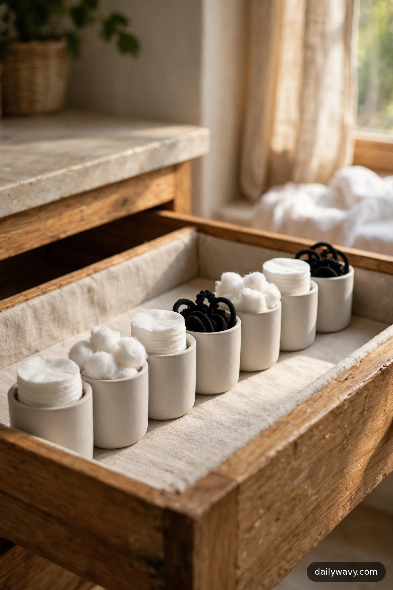 A row of matching white ceramic cups stands inside an open bathroom drawer, holding cotton pads, cotton balls, and black hair ties.