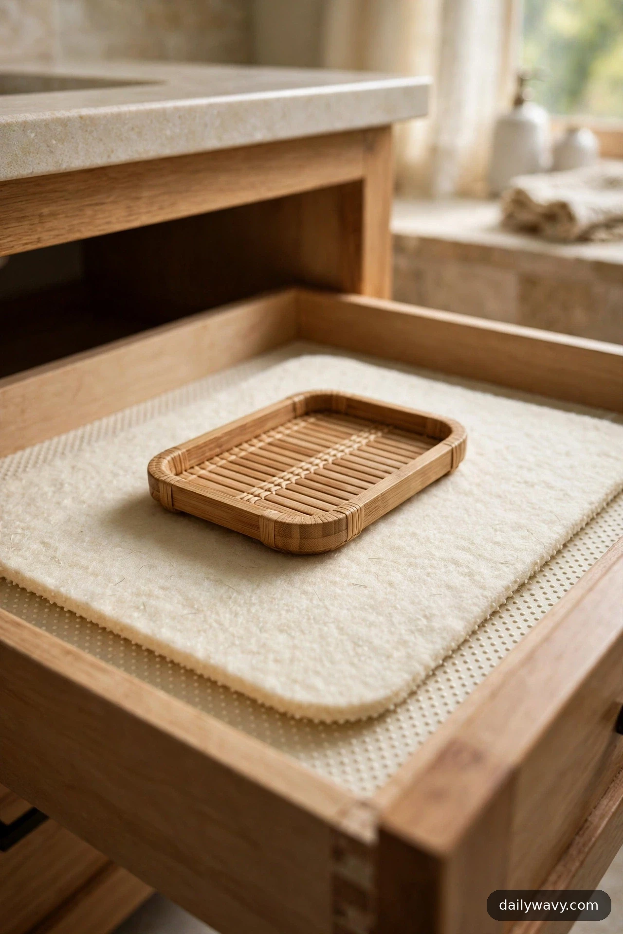 An open bathroom drawer shows a cream non-slip liner laid flat across its floor, with an empty bamboo tray resting on top.