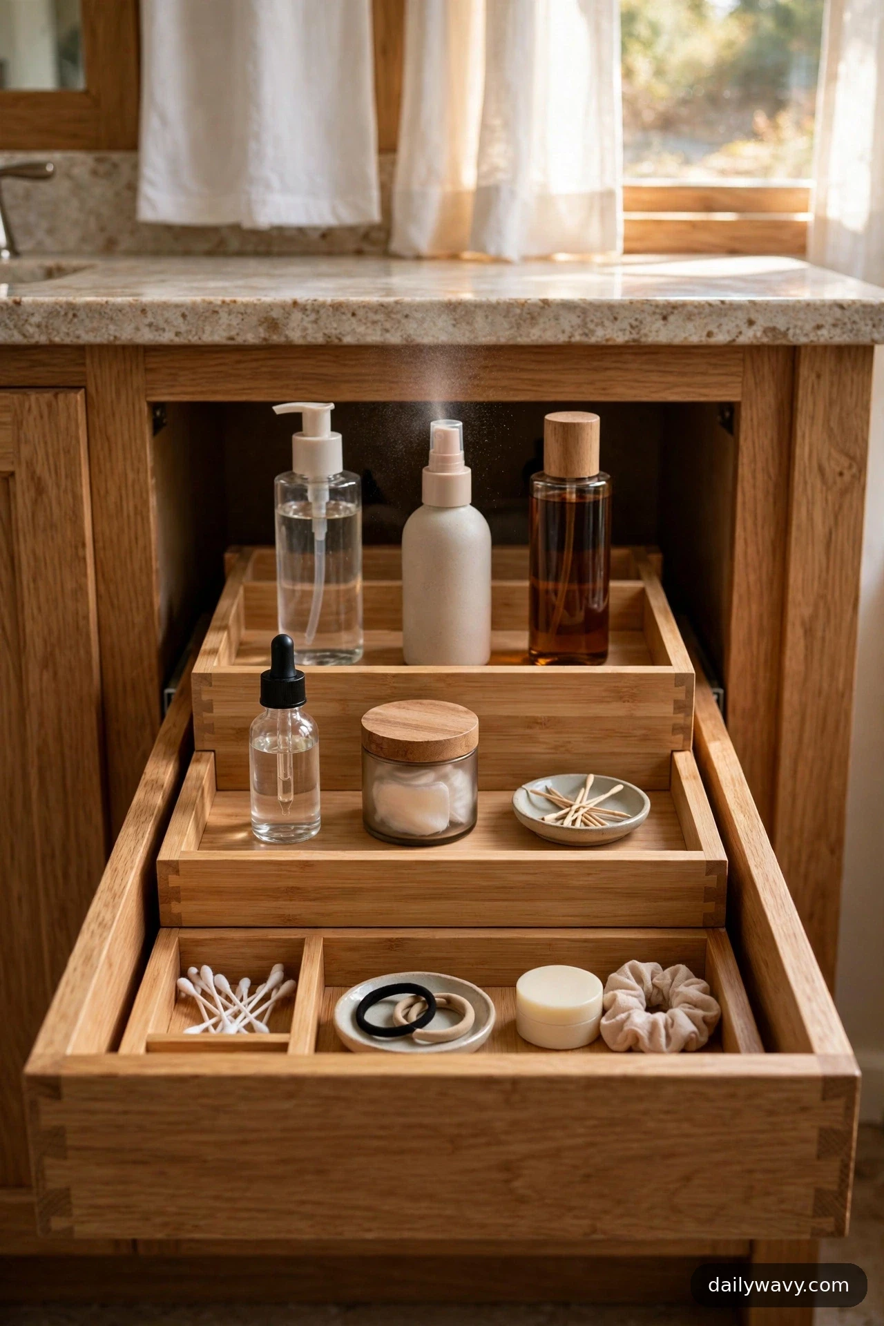 A stepped bamboo insert inside a deep bathroom drawer holds tall bottles on its back tier, with smaller jars and dishes on the lower tiers.