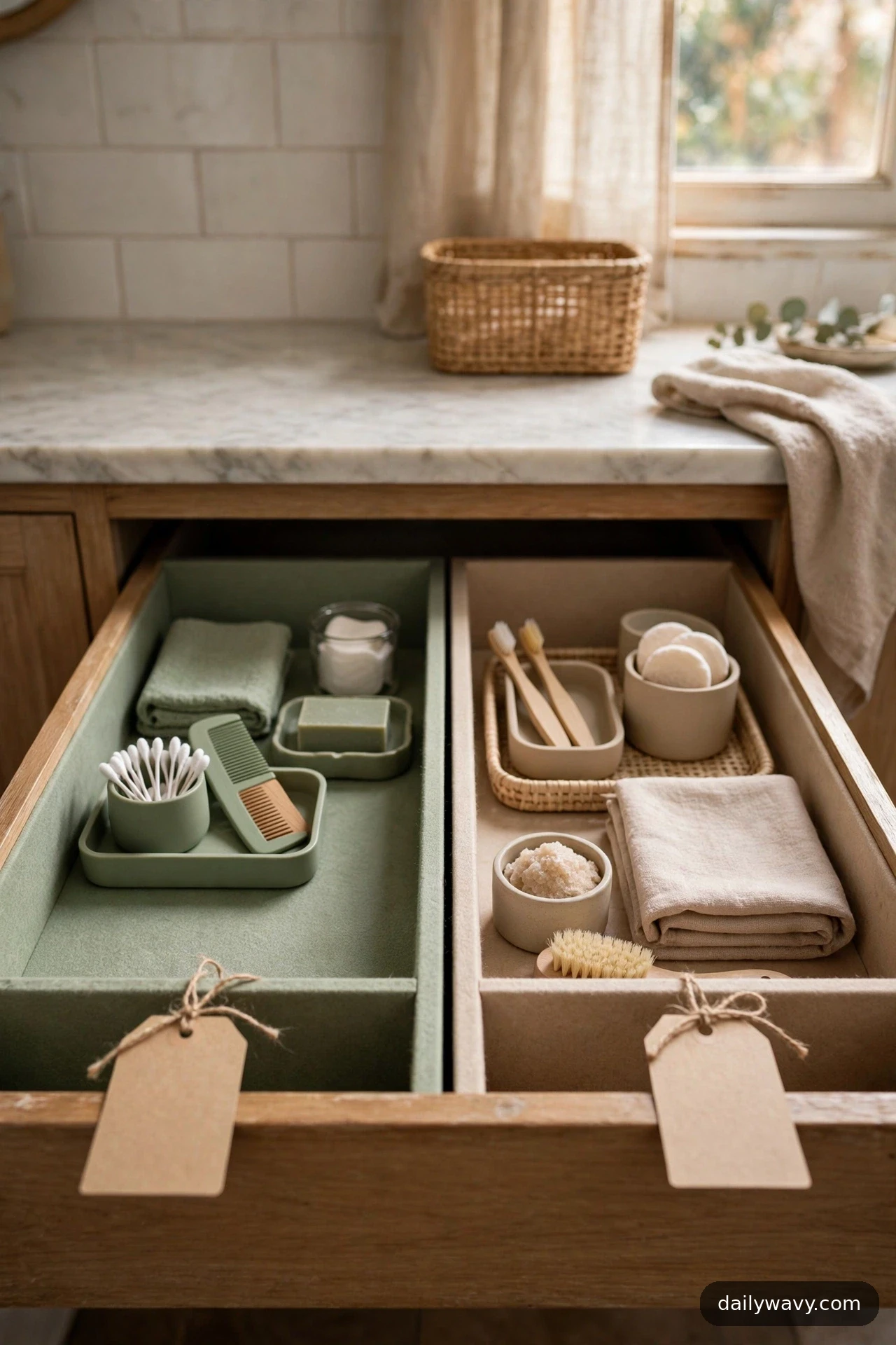 An open bathroom drawer is split into a sage green section on the left and a warm beige section on the right, each holding its own tray of daily items, with blank paper tags tied to the drawer front.