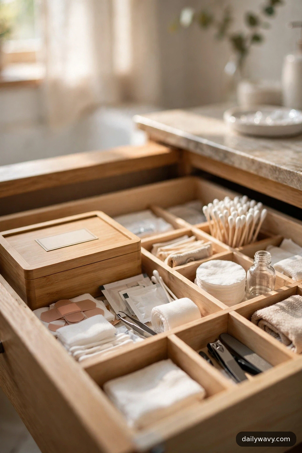 A small lidded bamboo box with a blank label sits in a compartmented bathroom drawer beside bandages, gauze, and cotton supplies.