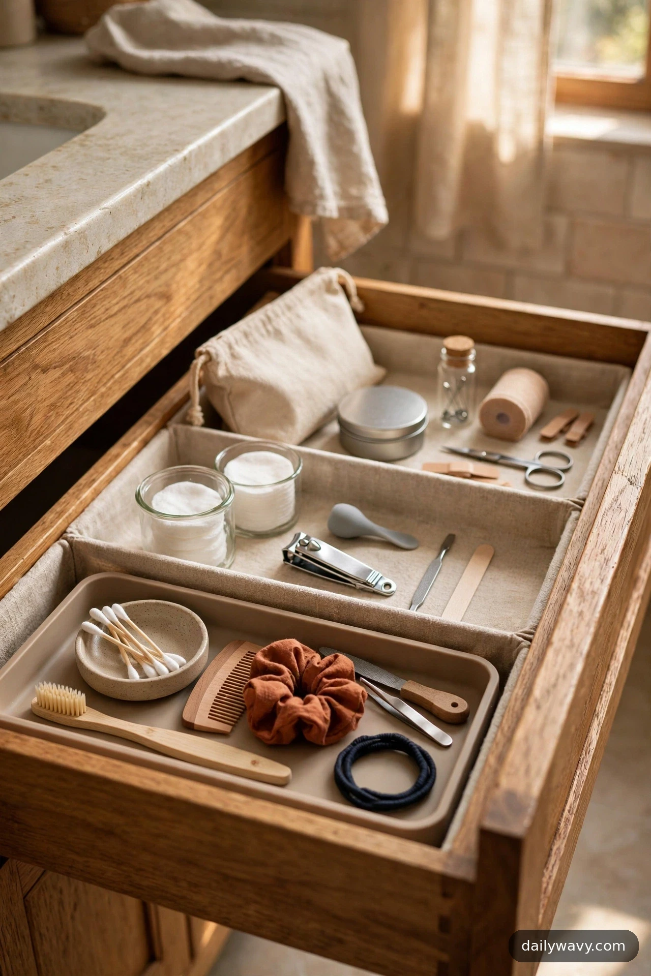An open bathroom drawer is arranged front to back, with a shallow tray of daily items at the front and jars, a nail clipper, and occasional items behind it.
