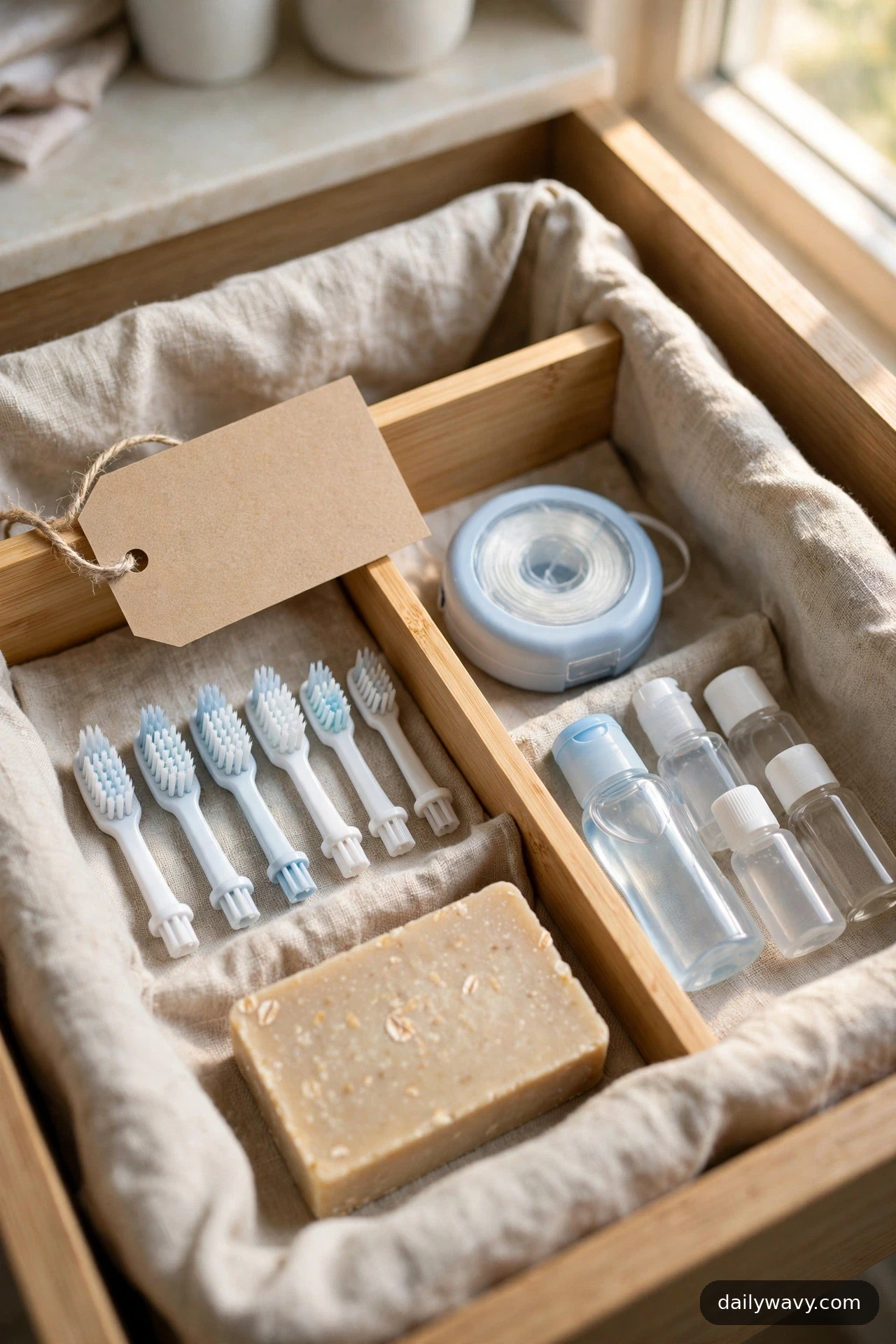 A fabric-lined tray holds spare toothbrush heads in a row, a round floss dispenser, and a bar of soap, with a blank paper tag tied to the tray.
