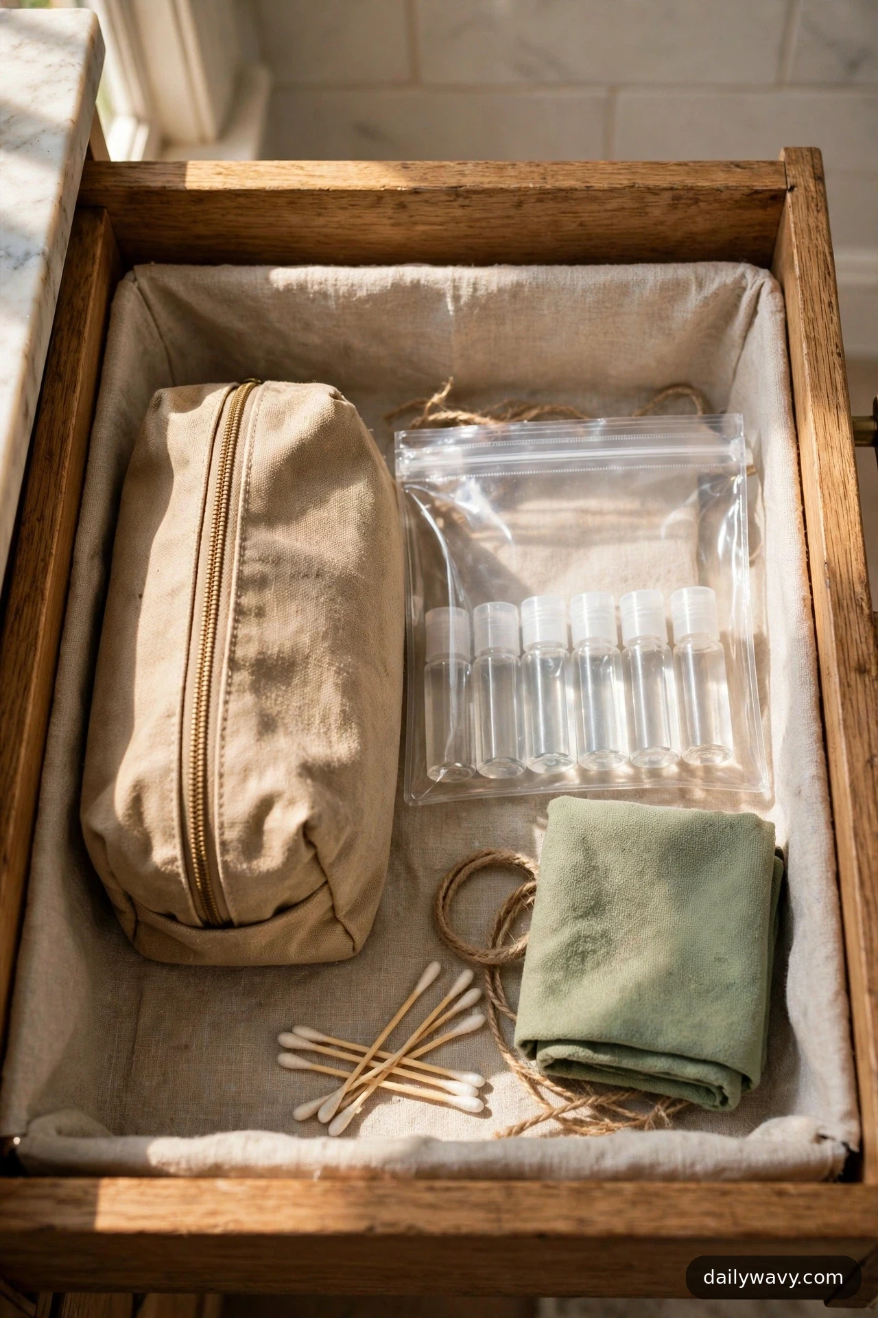 A beige canvas toiletry bag and a clear zip pouch holding six small refill bottles sit packed in one corner of a fabric-lined bathroom drawer.