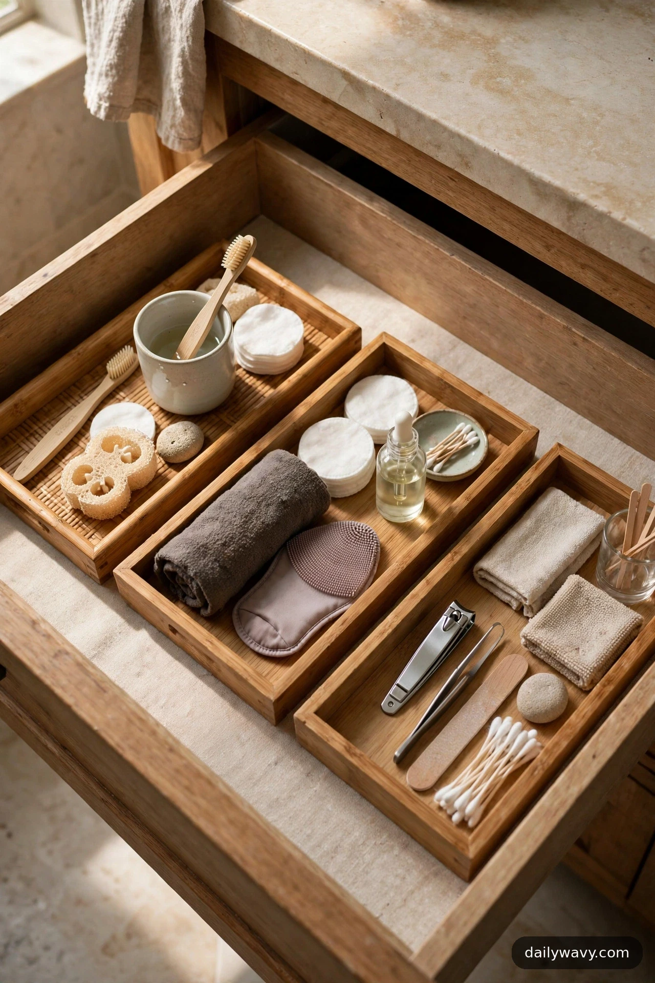 Three bamboo trays sit side by side inside an open bathroom drawer, grouping toothbrushes, cotton pads, a dropper bottle, and a nail clipper by routine.