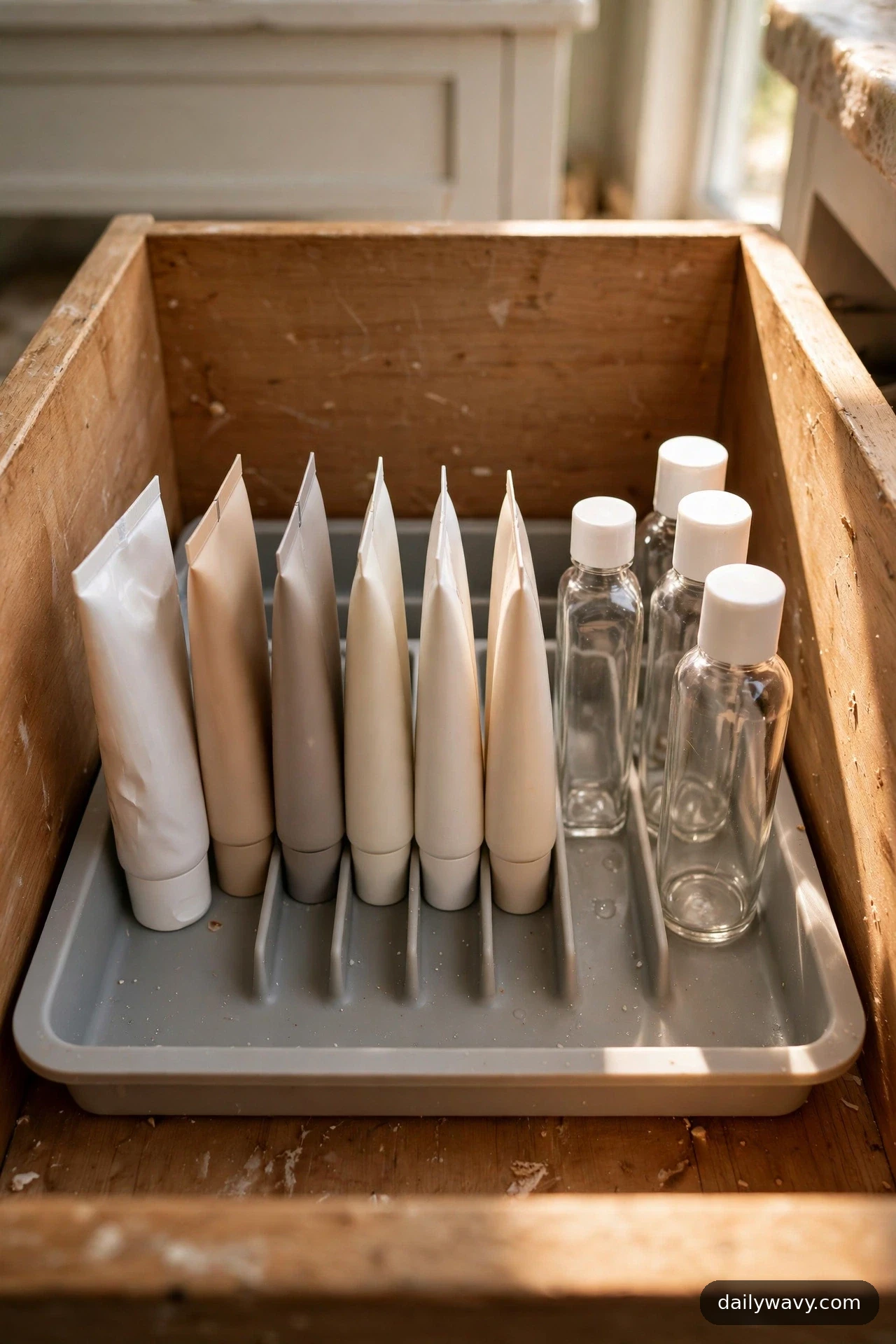 Six tubes stand upright in a slotted insert inside a wooden bathroom drawer, with four small clear bottles standing beside them.