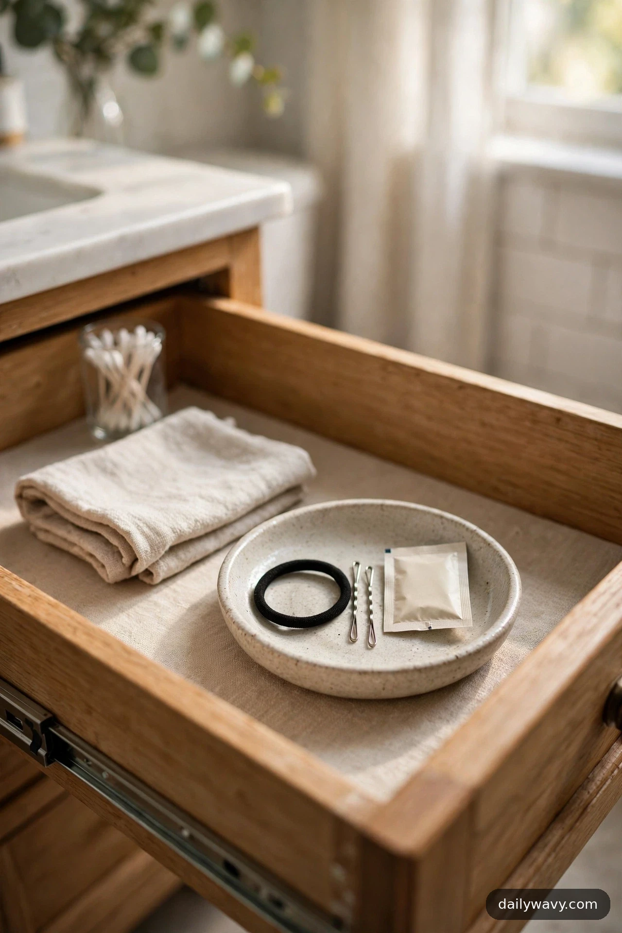 A shallow ceramic dish in an open bathroom drawer holds a hair tie, two bobby pins, and a sample sachet beside a folded cloth.