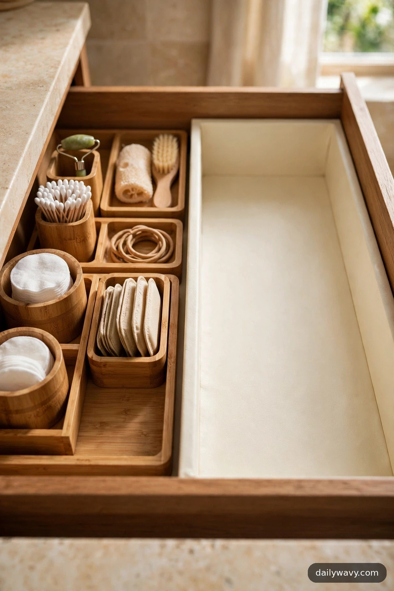 An open bathroom drawer keeps bamboo organizers of cotton pads and swabs on the left while a wide cream-lined strip on the right stays visibly empty.