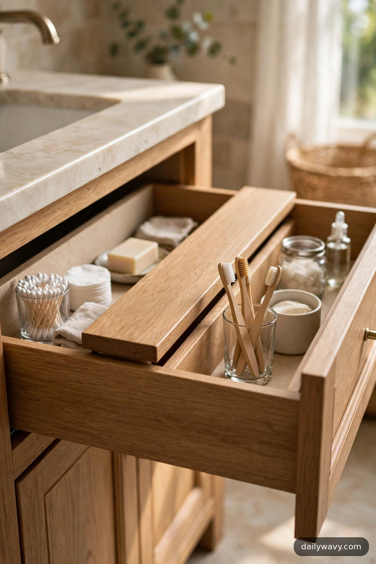 A wide wooden divider lies across an open bathroom drawer, splitting it into a front zone with toothbrushes in a glass and a back zone with cotton swabs and a soap bar.