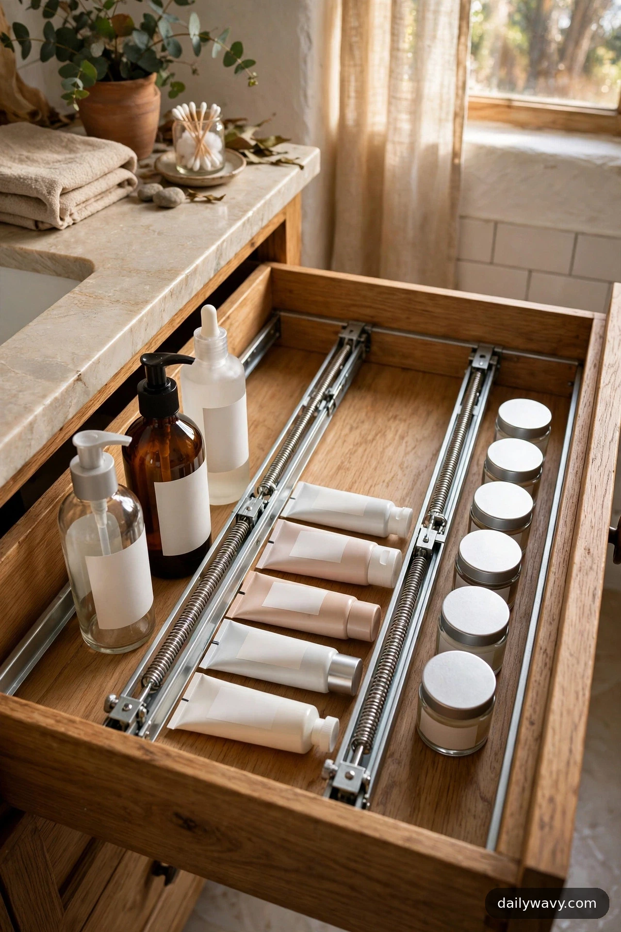 Two spring-loaded metal dividers form lanes inside an open bathroom drawer, with pump bottles in one lane, tubes in the middle lane, and small lidded jars in the third.