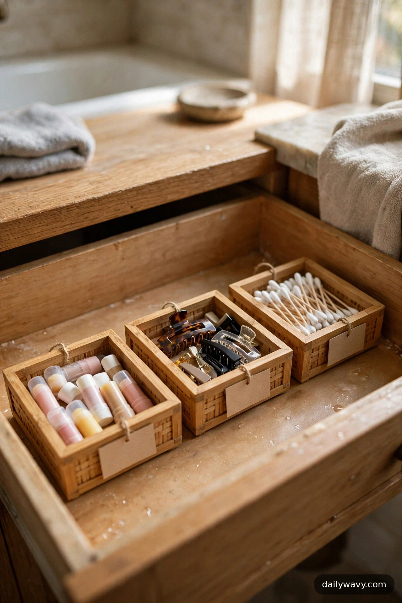 Three small square bamboo trays sit in a row inside an open bathroom drawer, sorting lip balms, hair clips, and cotton swabs by category.