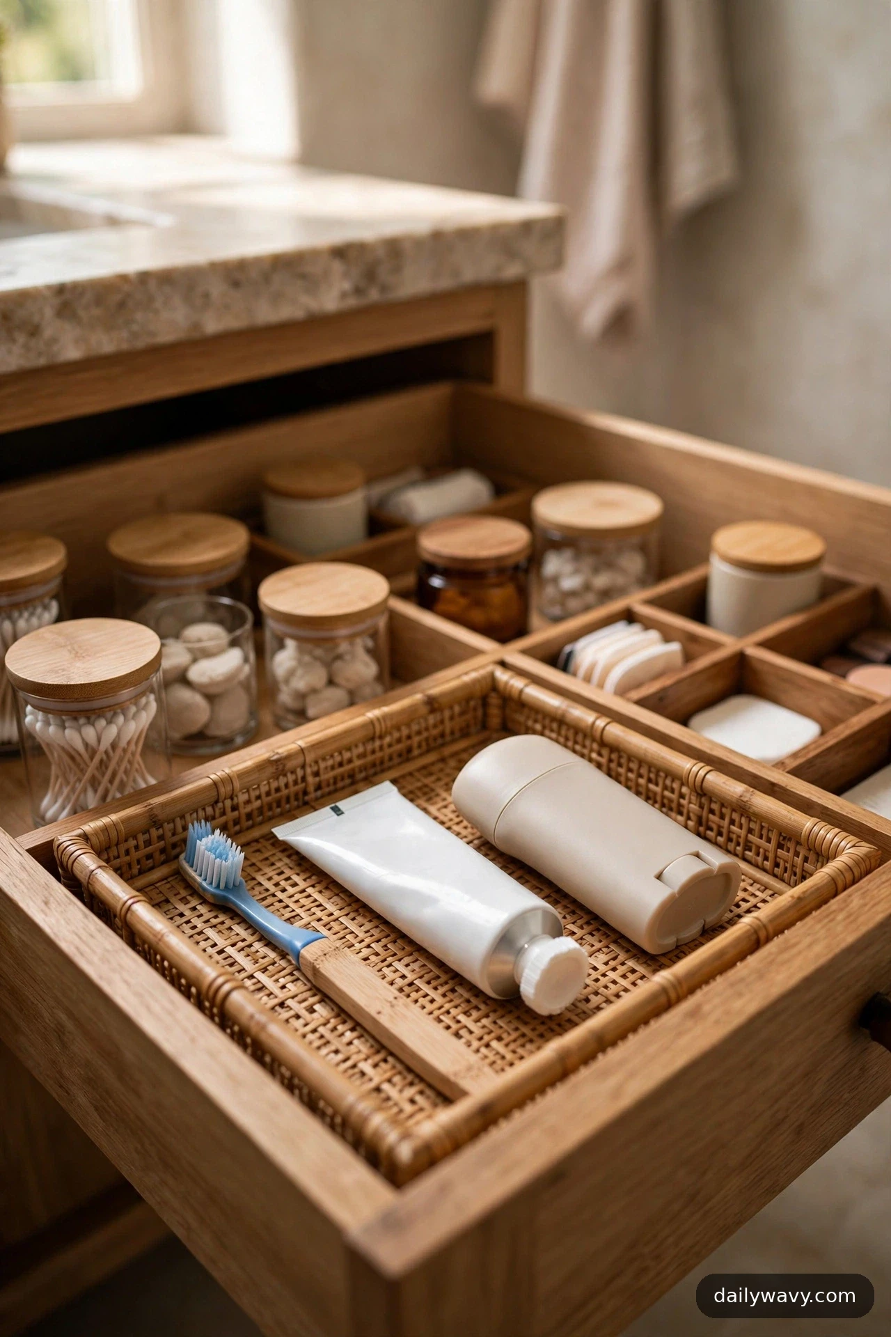 A shallow woven tray at the front of an open bathroom drawer holds a toothbrush, a toothpaste tube, and a deodorant stick, with lidded jars behind it.