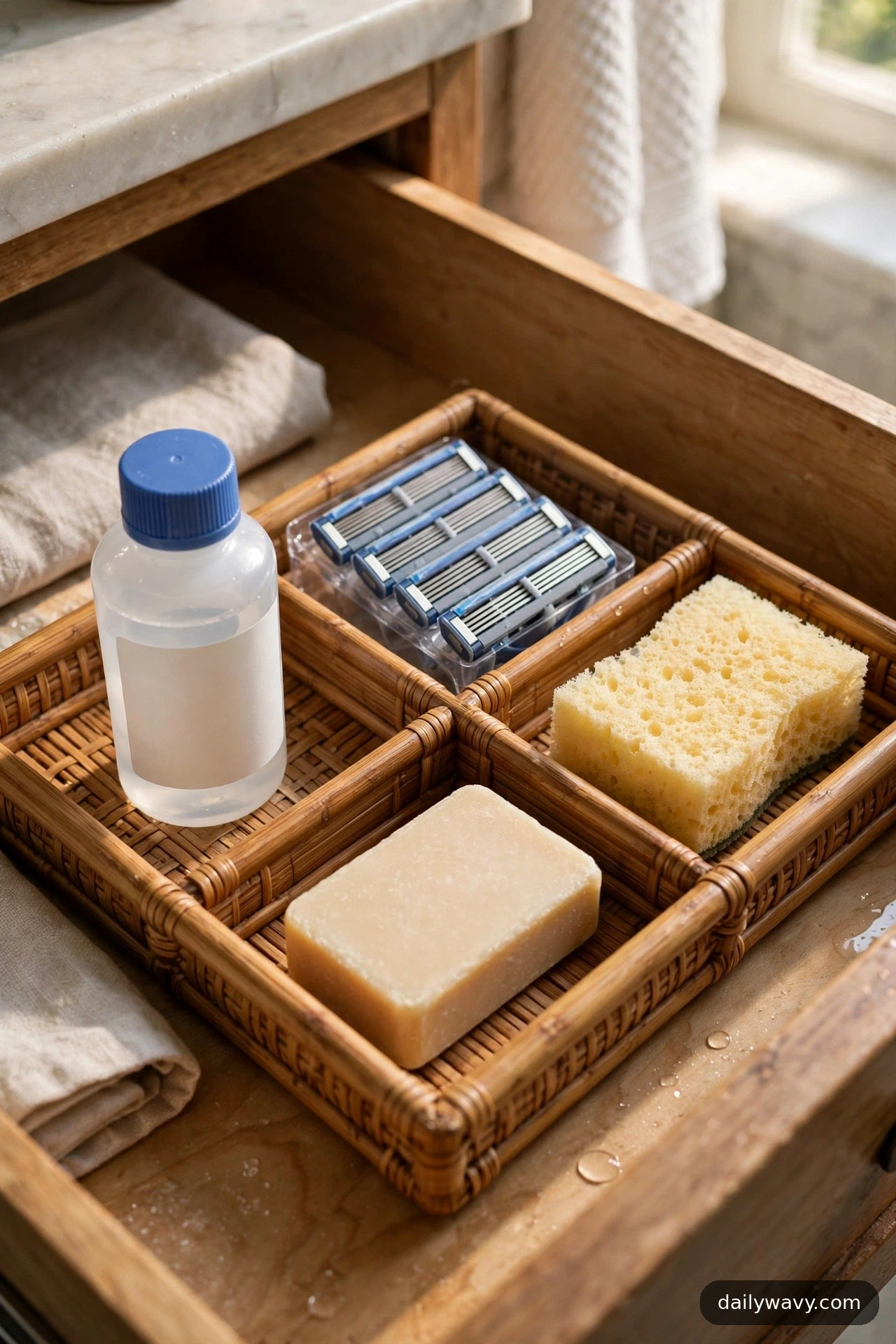 A woven compartment tray in the back of a bathroom drawer holds a bottle of contact solution, a pack of spare razor cartridges, and a bar of soap.